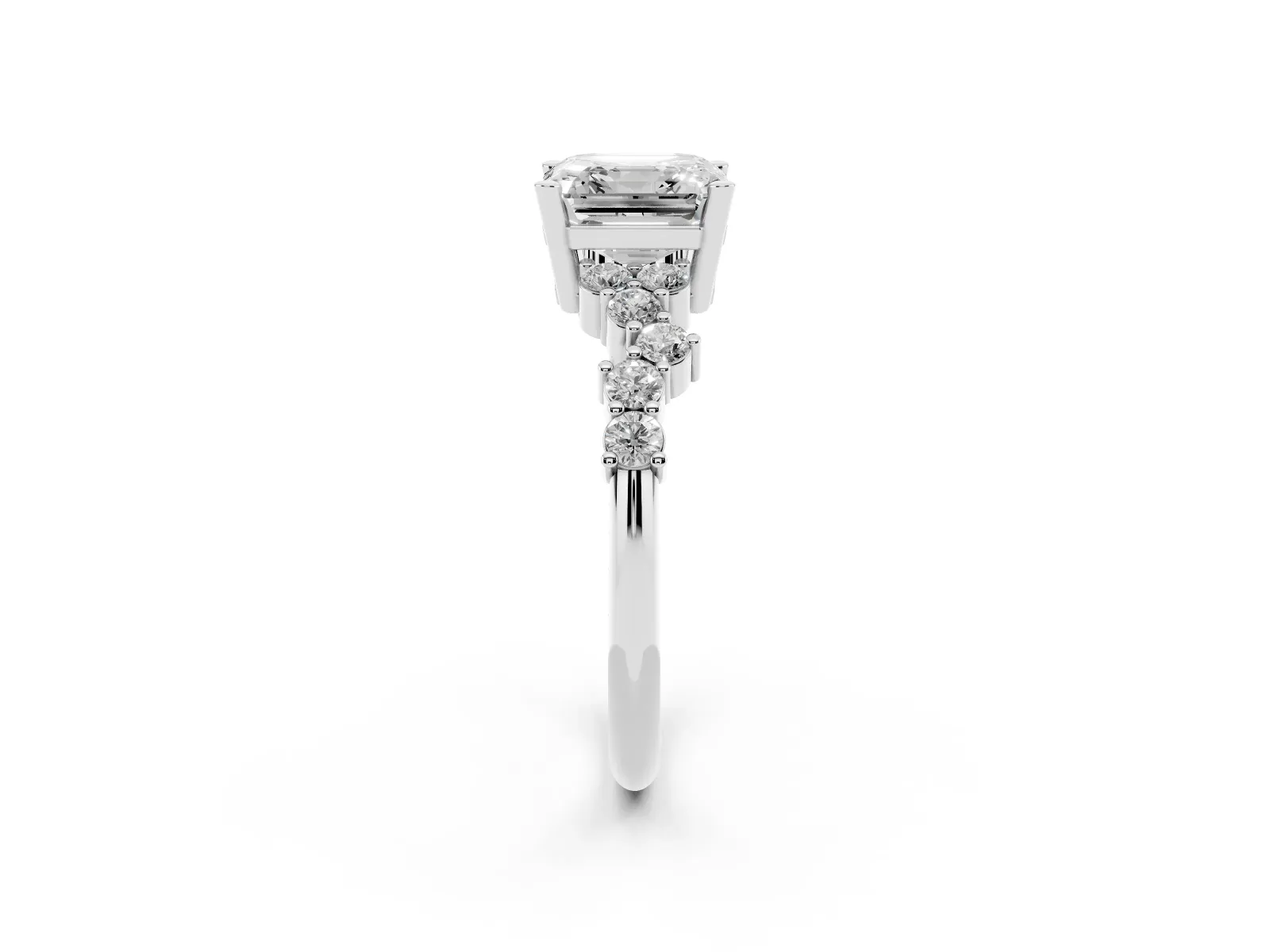 Asscher Cut Diamond Scattered Round Accent Ring with Prong Setting Silver