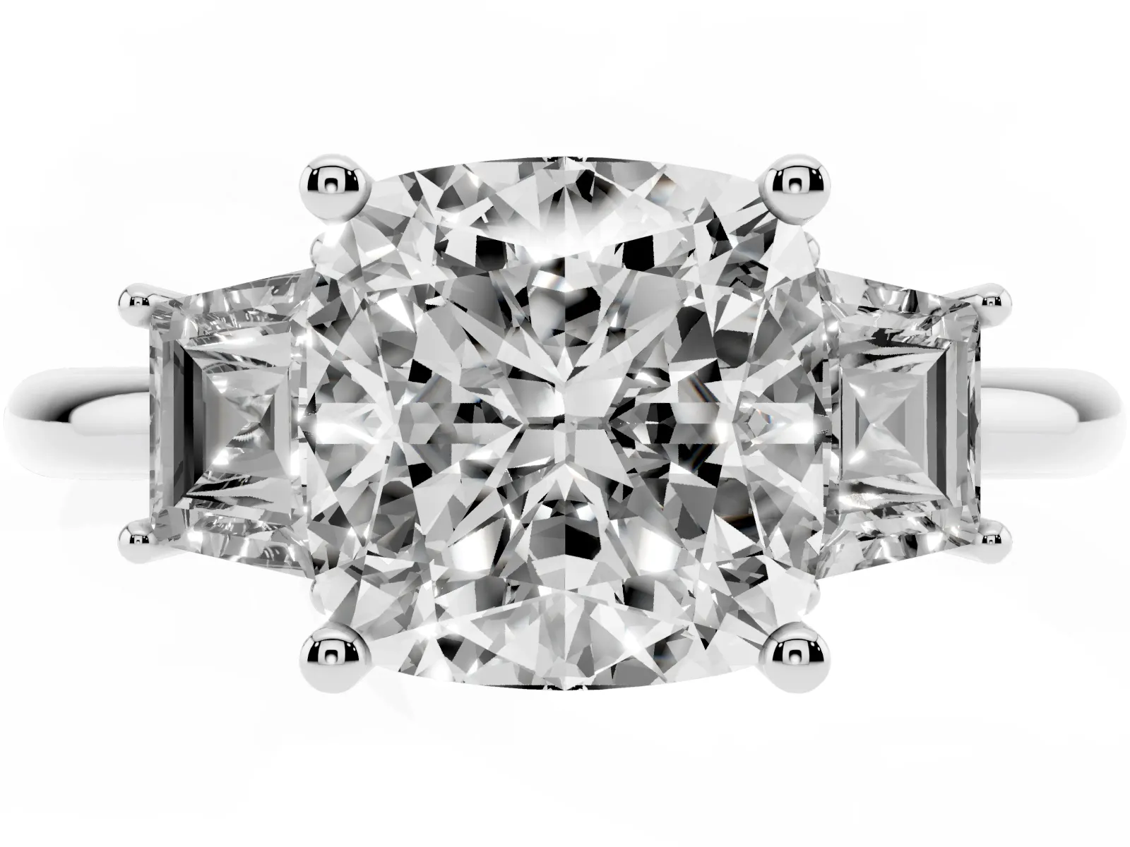 Cushion Cut Diamond Three-Stone Ring with Trapezoid Side Stones and Prong Setting Platinum