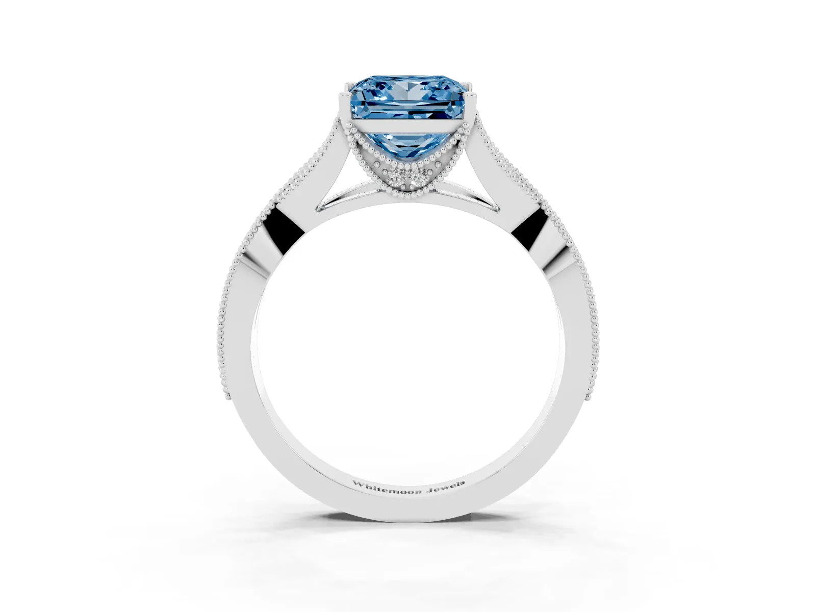 Fancy Blue Princess Cut Cut Diamond Twisted Band with Milgrain Pave Setting and Four-Prong Setting Platinum
