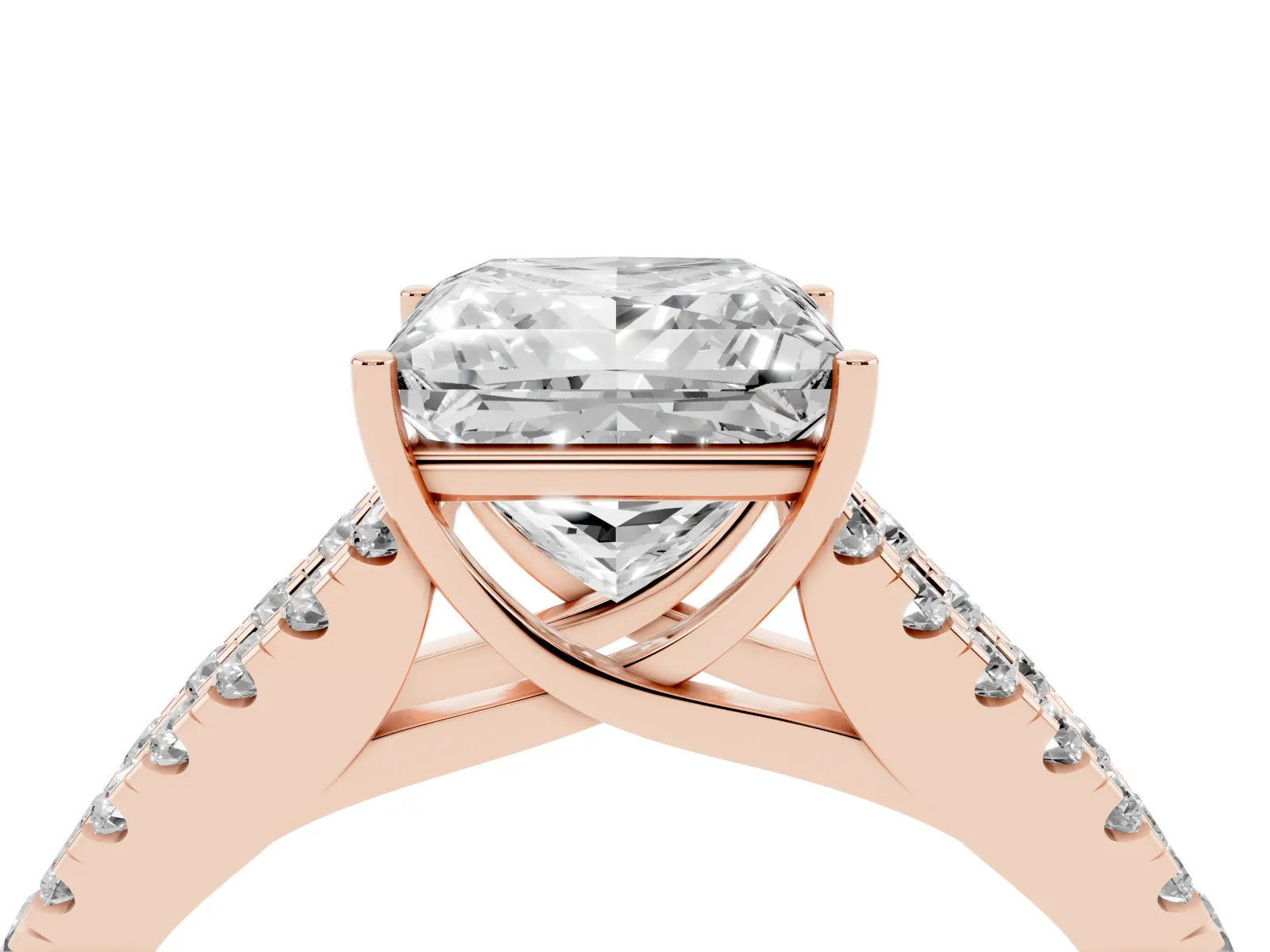 Princess Cut Diamond Split Shank Engagement Ring with Round Pavé and Prong Setting Rose gold