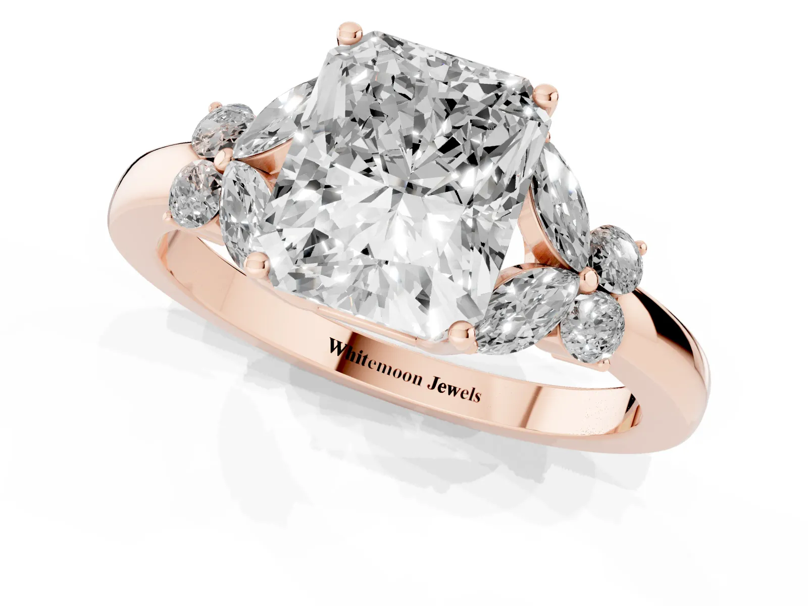 Radiant Cut Cut Solitaire Floral Diamond Ring with Four-Prong Setting Rose gold