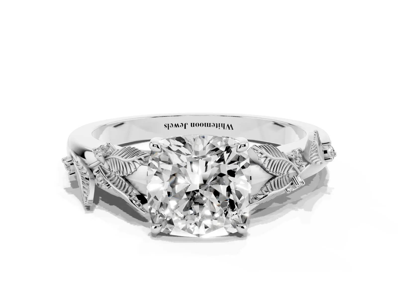 Cushion Cut Diamond Solitaire Ring with Leaf Motif Band and Four-Prong Setting Platinum
