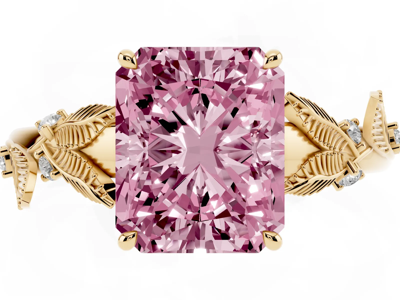 Fancy Pink Radiant Cut Diamond Solitaire Ring with Leaf Motif Band and Four-Prong Setting Yellow gold