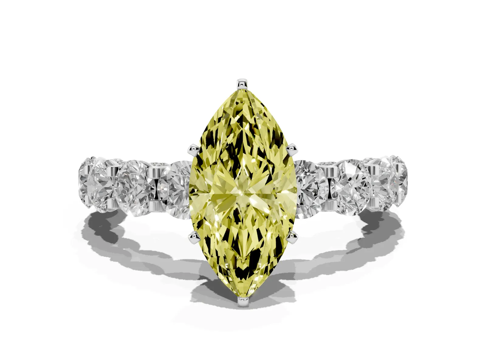 Fancy Yellow Marquise Cut Diamond Side Stone Engagement Ring with Four-Prong Setting Platinum