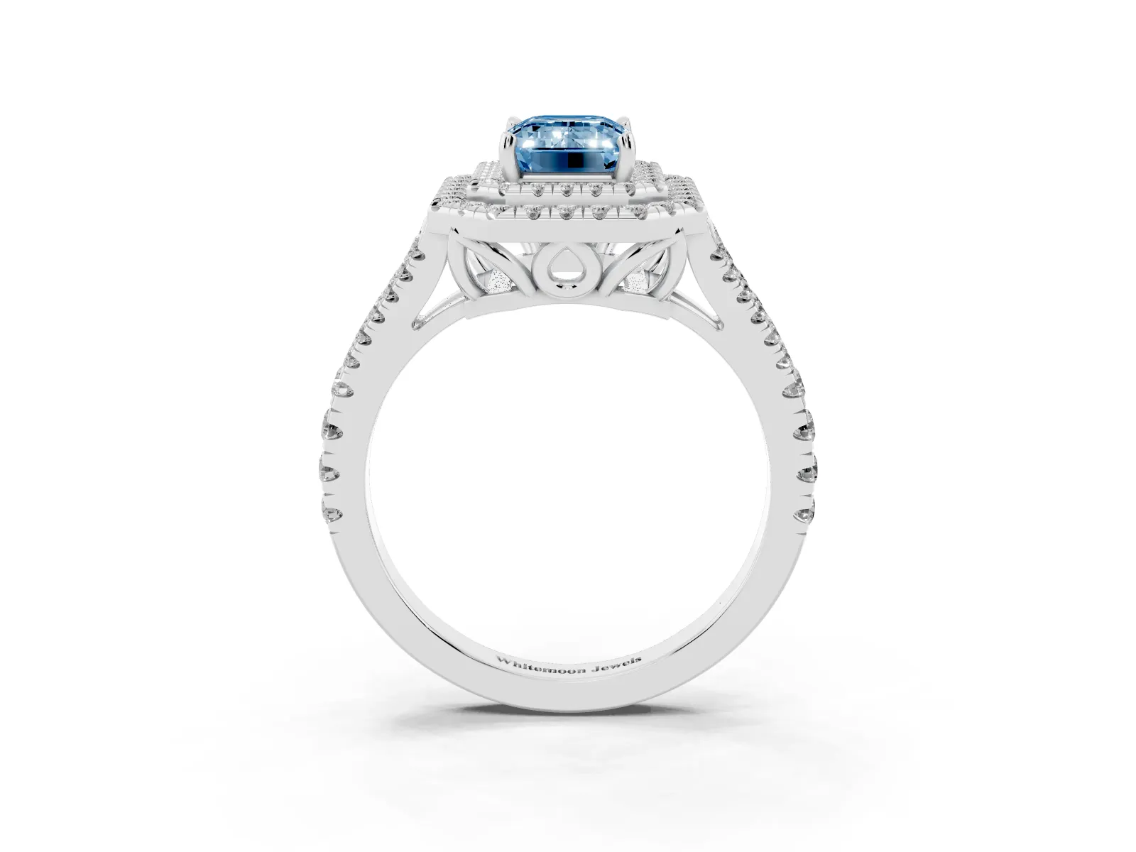 Fancy Blue Emerald Cut Diamond Double Halo Ring with Pavé Band and Prong Setting Platinum