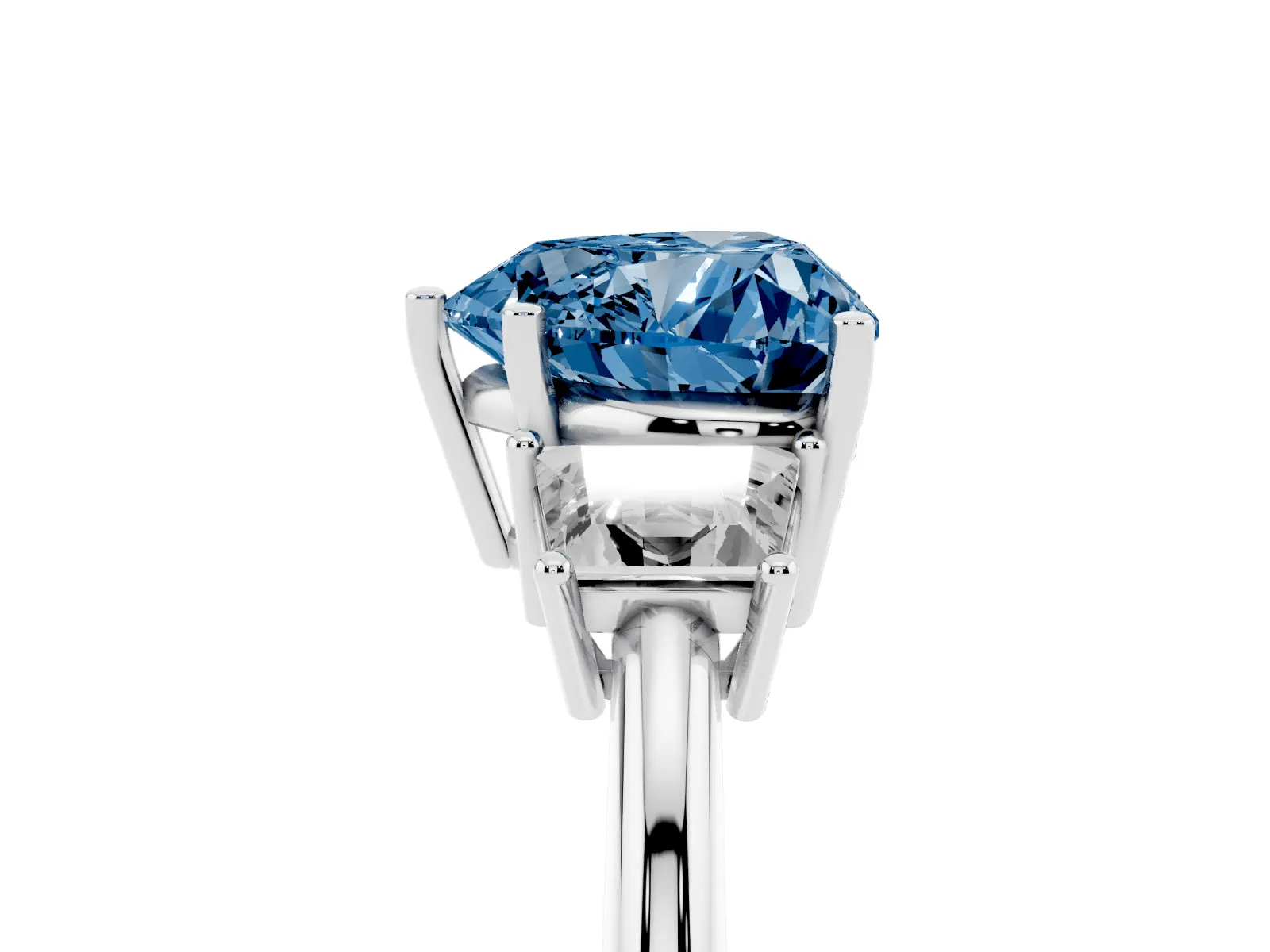 Fancy Blue Heart Cut Diamond Three-Stone Ring with Trapezoid Side Stones and Prong Setting White gold