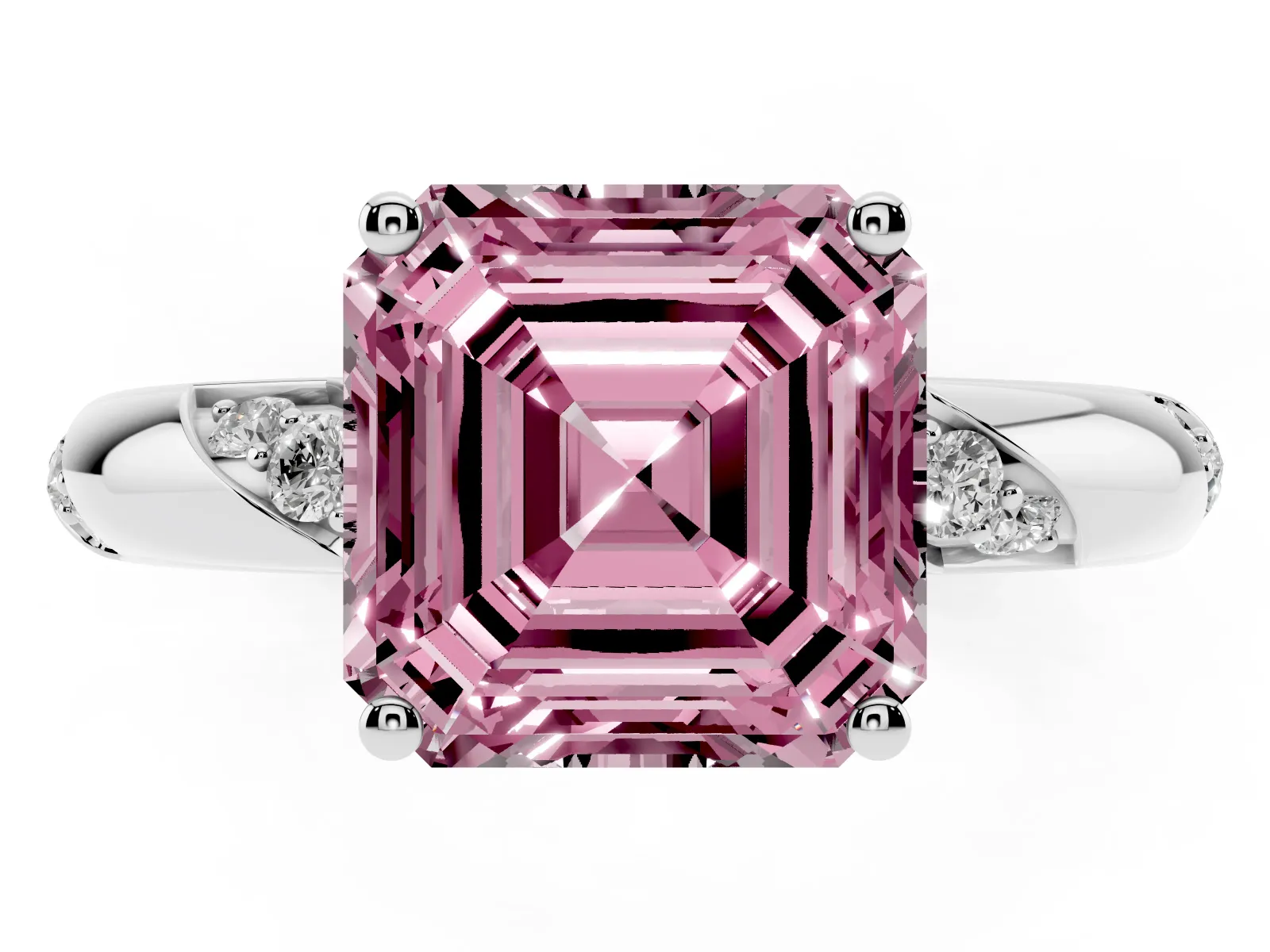 Fancy Pink Asscher Cut Diamond Solitaire Engagement Ring with Twisted Round Accent Band and Prong Setting Platinum