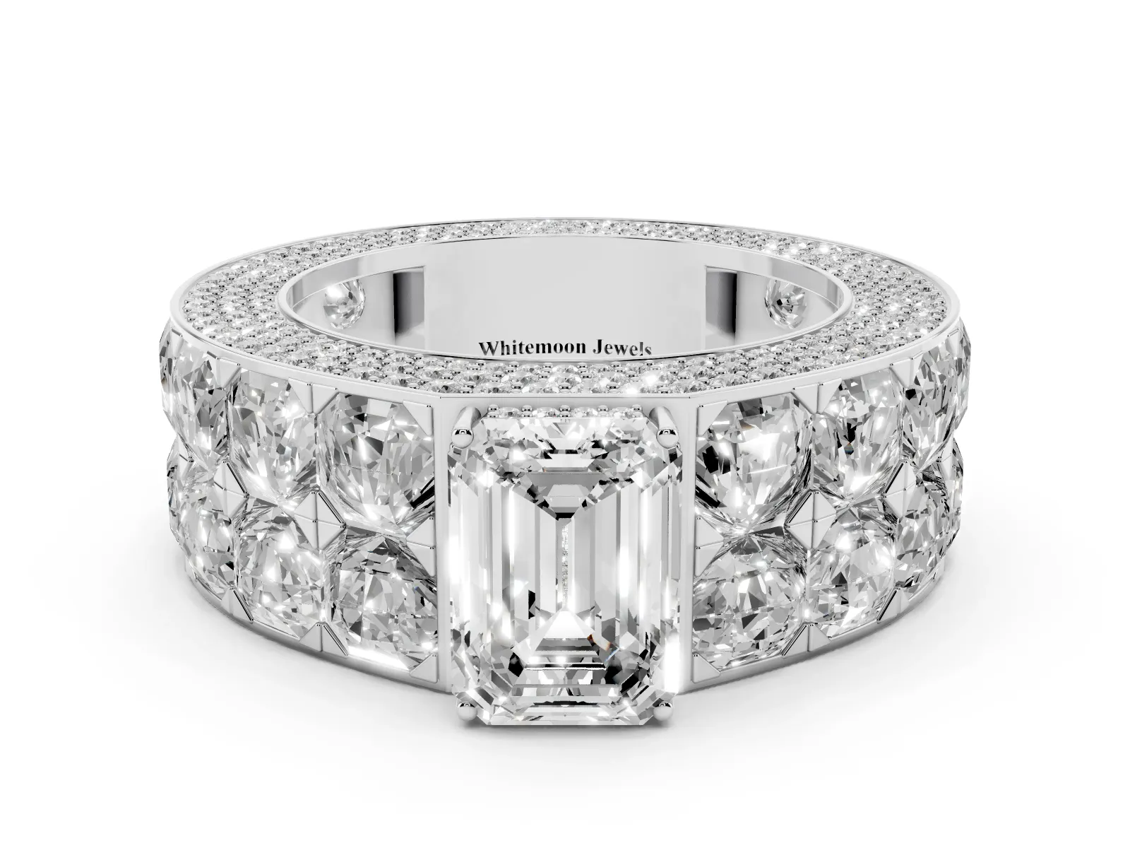 Emerald Cut Diamond Radiant Pavé Mens Ring Silver