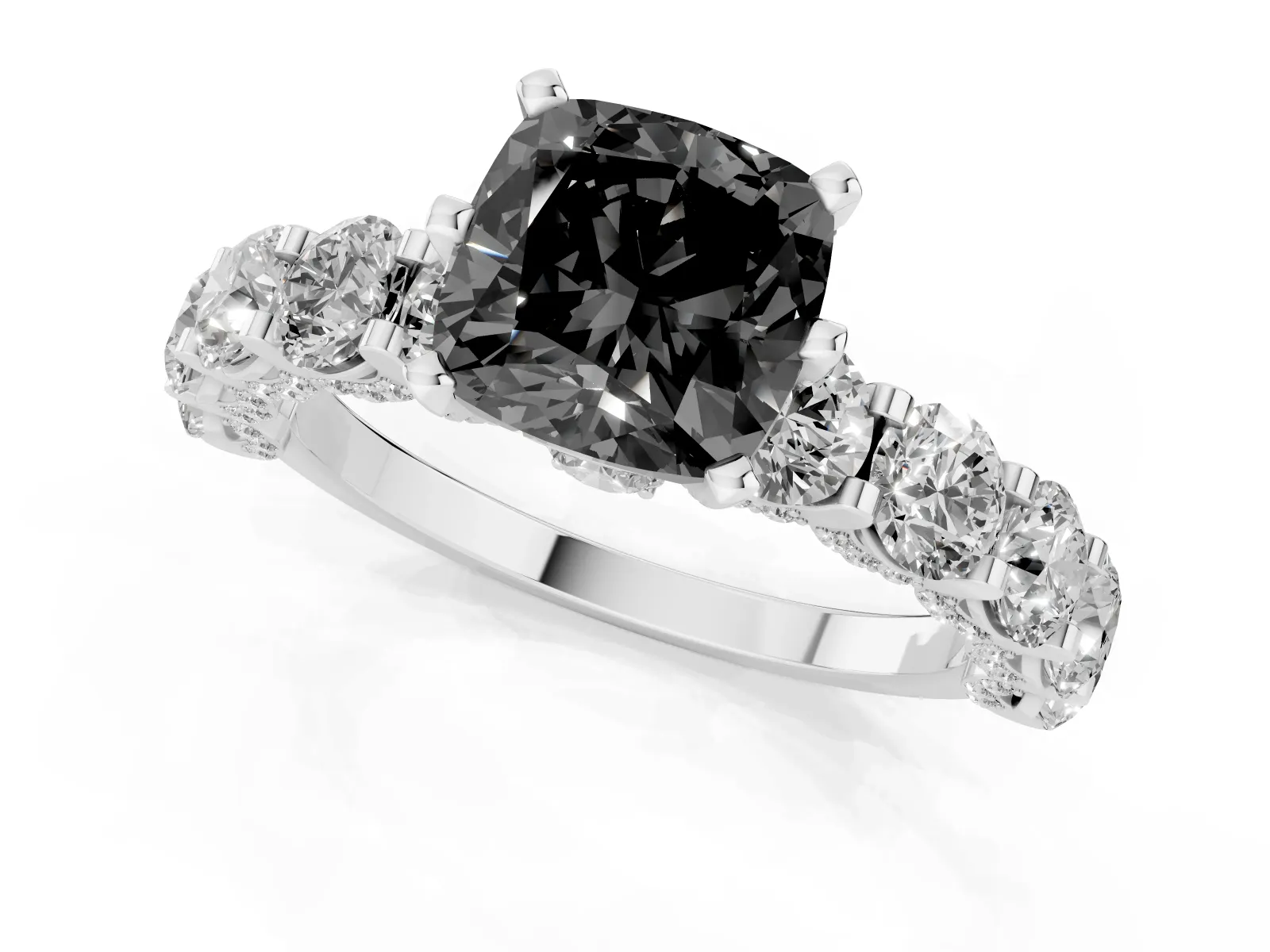 Fancy Black Cushion Cut Diamond Side Stone Engagement Ring with Four-Prong Setting Platinum
