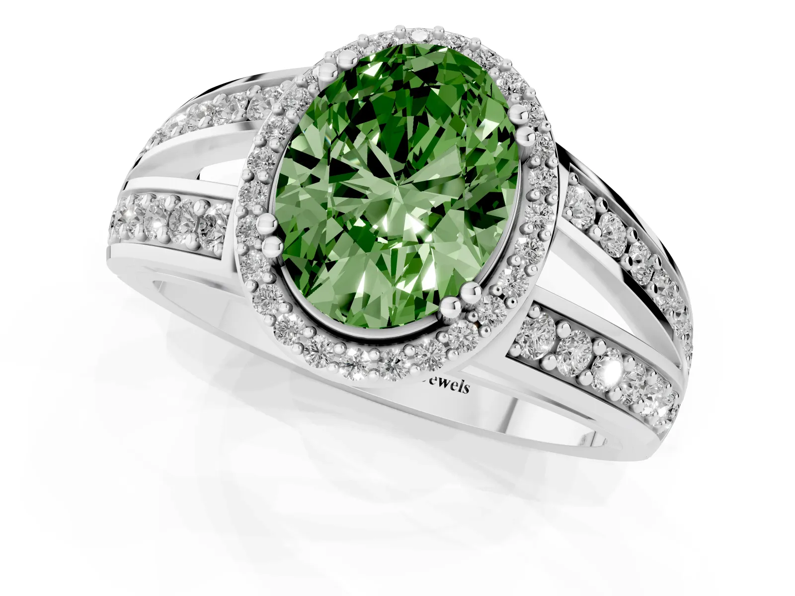 Fancy Green Oval Cut Diamond Halo Ring with Split Shank Pavé Band and Four-Prong Setting White gold