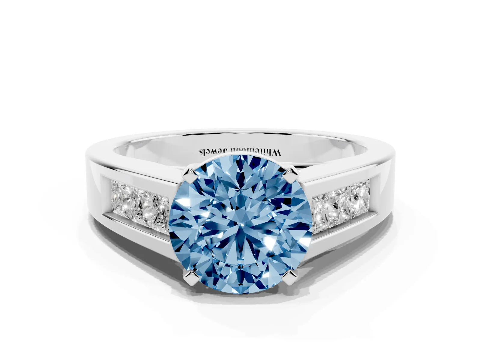 Fancy Blue Round Cut Cut Channel Set Solitaire Ring with Four-Prong Setting Platinum