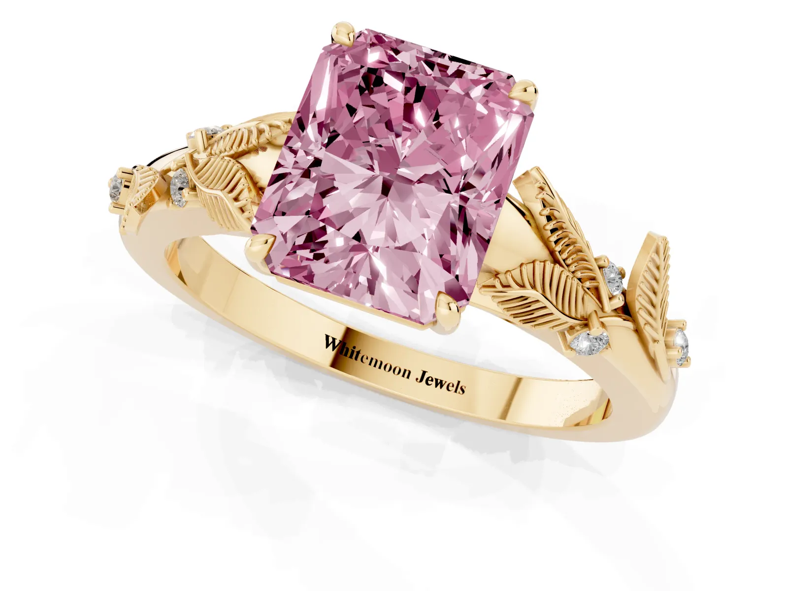 Fancy Pink Radiant Cut Diamond Solitaire Ring with Leaf Motif Band and Four-Prong Setting Yellow gold