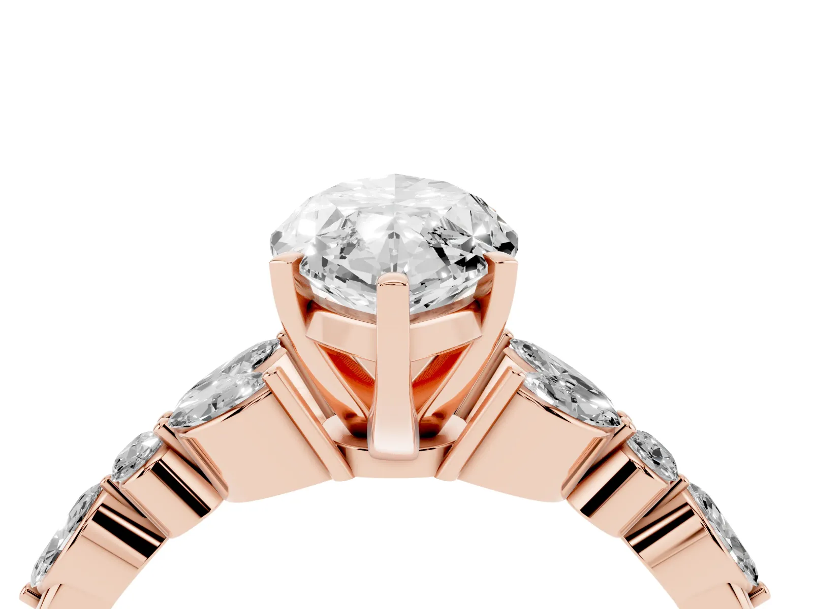 Marquise Cut Diamond Solitaire Ring with Side Stones and Four-Prong Setting Rose gold