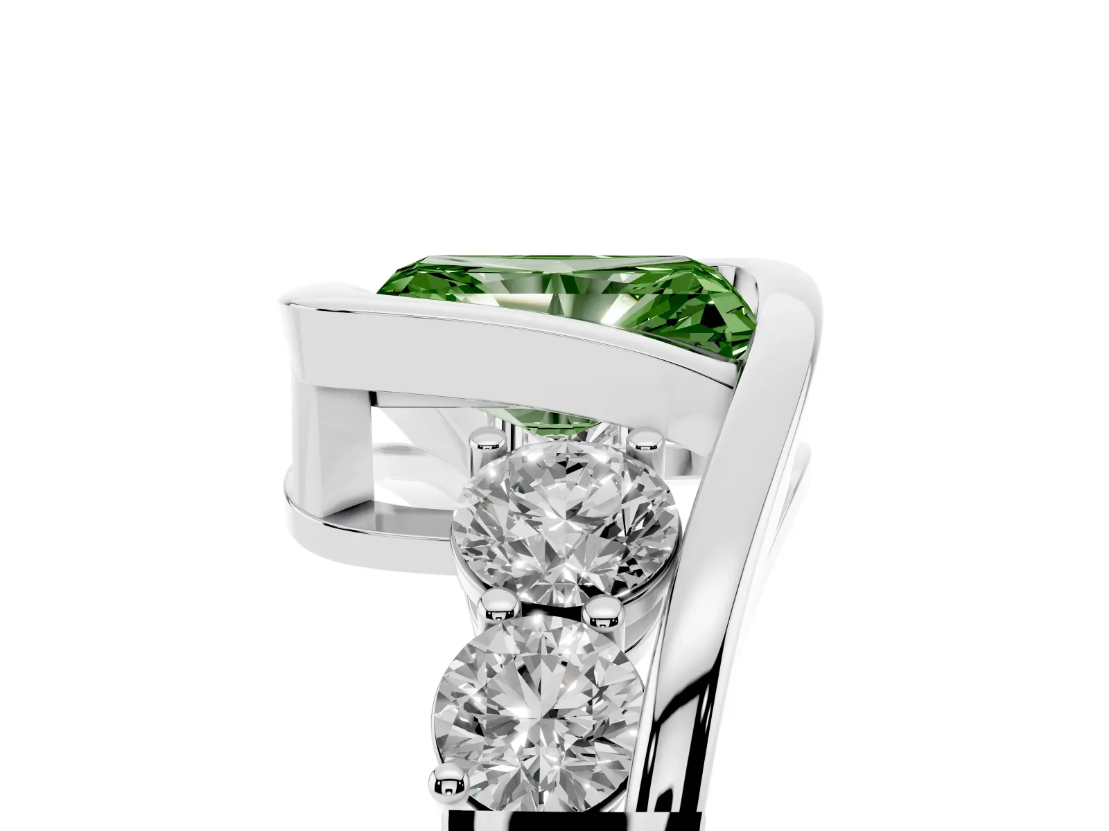 Fancy Green Bezel Set Radiant Cut Diamond Bypass Ring with Round Accents White gold