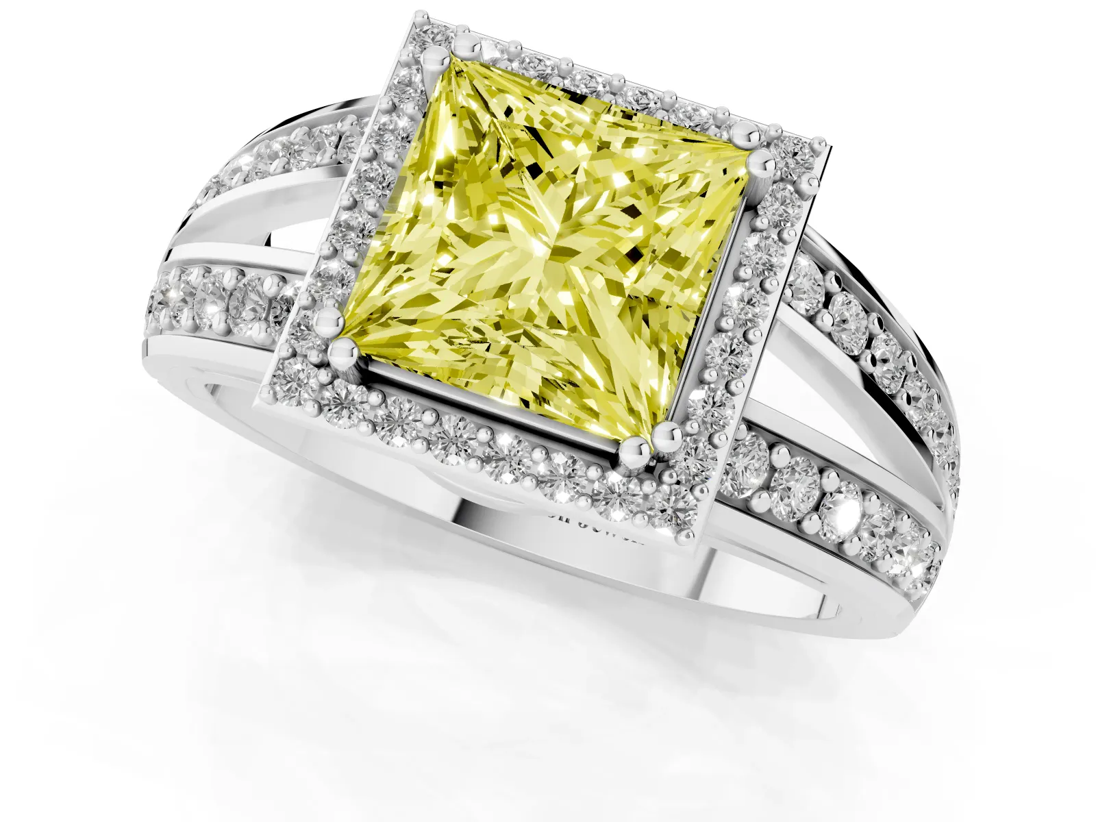 Fancy Yellow Princess Cut Diamond Halo Ring with Split Shank Pavé Band and Four-Prong Setting Platinum