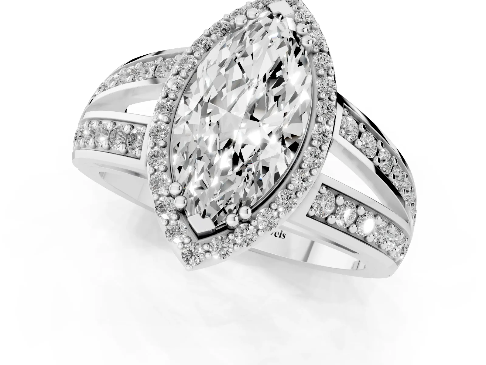 Marquise Cut Diamond Halo Ring with Split Shank Pavé Band and Four-Prong Setting White gold