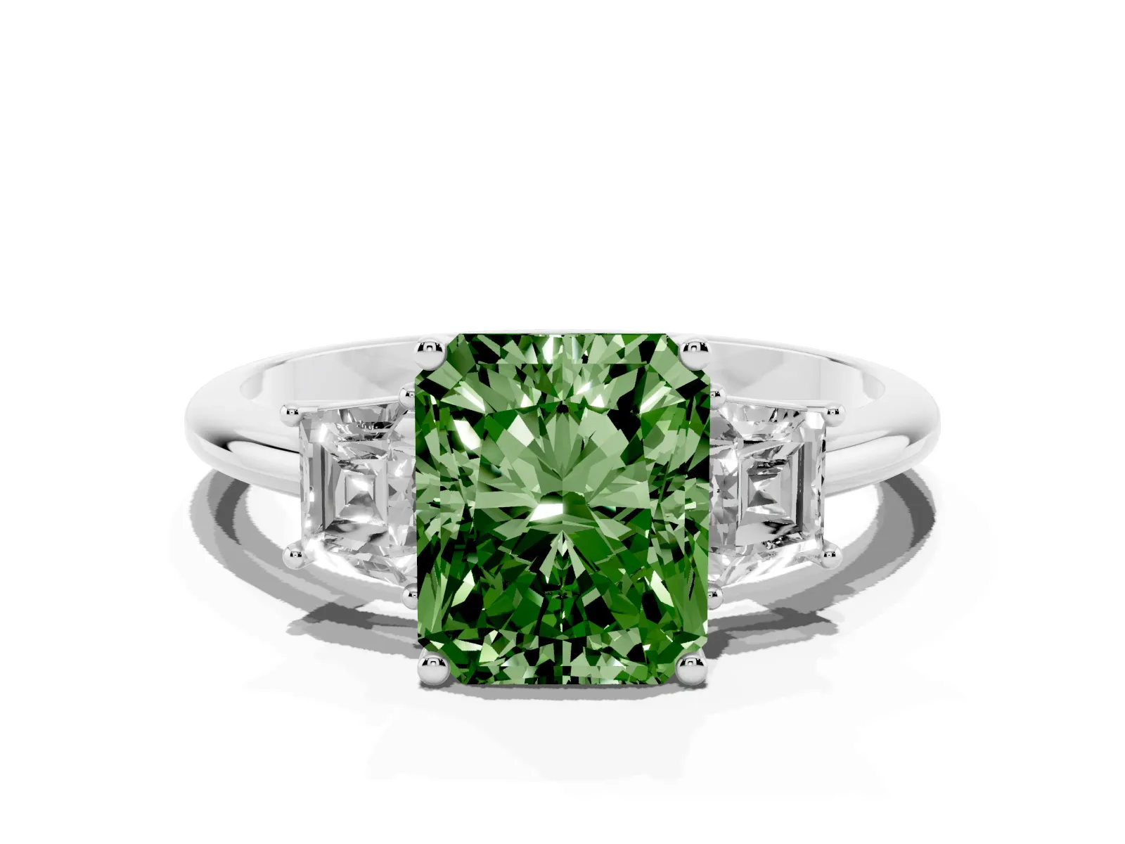 Fancy Green Radiant Cut Diamond Three-Stone Ring with Trapezoid Side Stones and Prong Setting Platinum