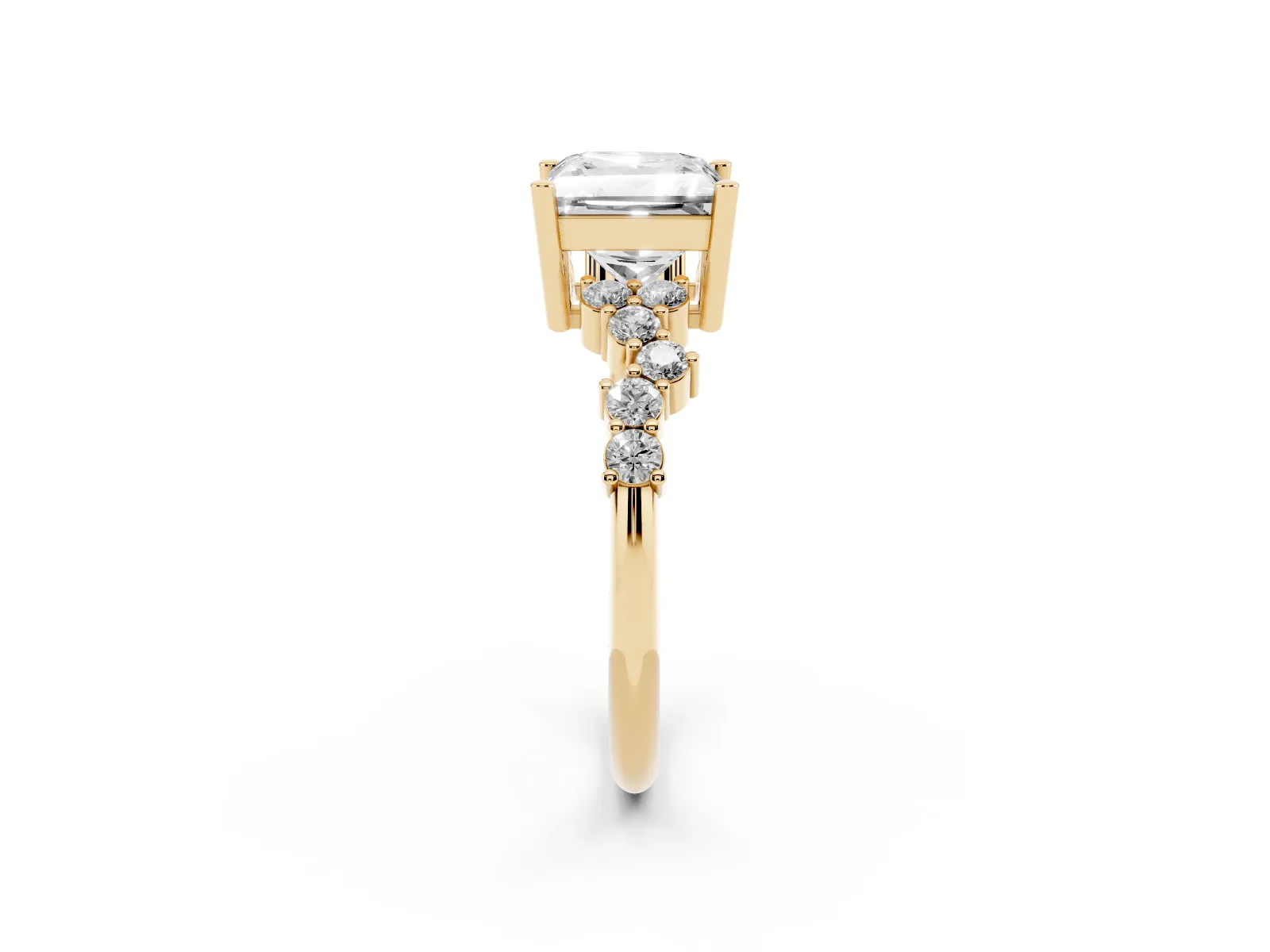 Princess Cut Diamond Scattered Round Accent Ring with Prong Setting Yellow gold