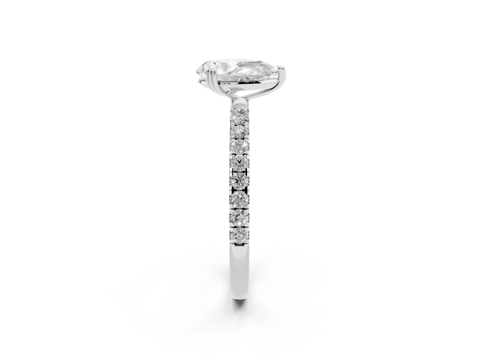 Pear Cut Brilliant Solitaire with Pavé Band and Claw Prong Setting Silver