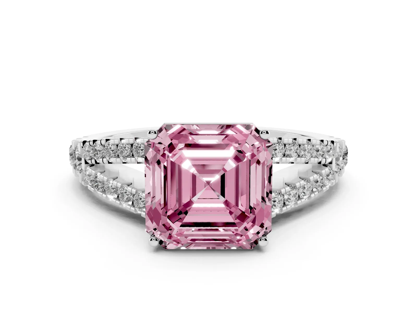 Fancy Pink Asscher Cut Diamond Split Shank Engagement Ring with Round Pavé and Prong Setting White gold