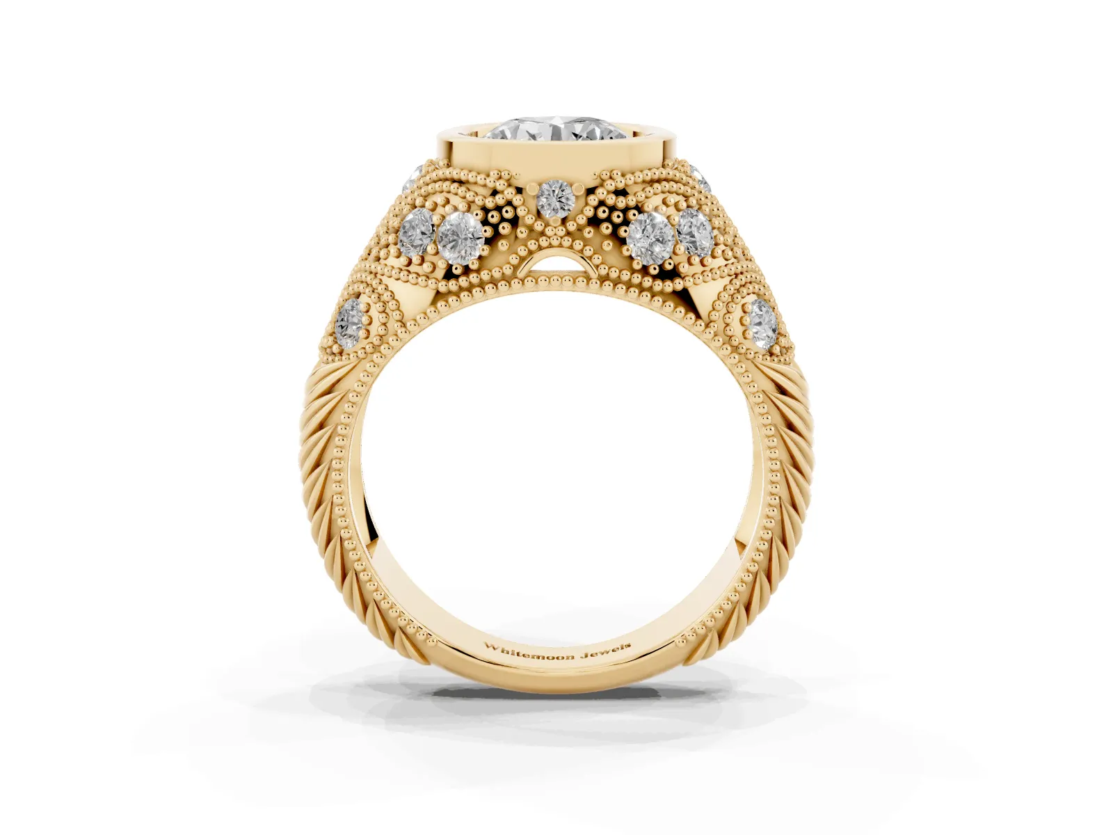 Bezel Set Round Cut Diamond Milgrain Band Ring Yellow gold