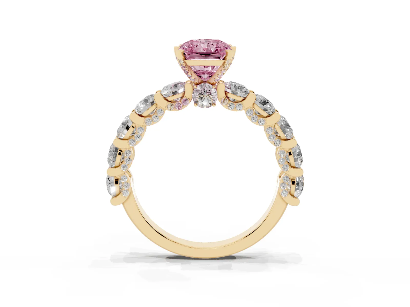 Fancy Pink Radiant Cut Diamond Side Stone Engagement Ring with Four-Prong Setting Yellow gold