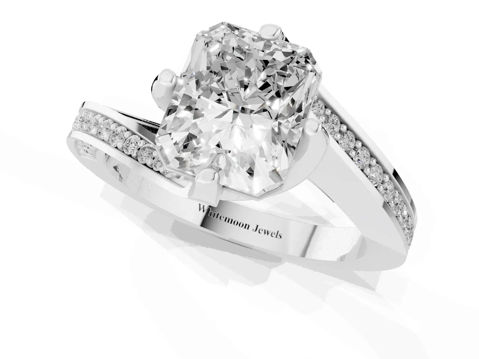 Radiant Cut Solitaire Diamond Twist Band with Pavé Setting and Four-Prong Setting Platinum