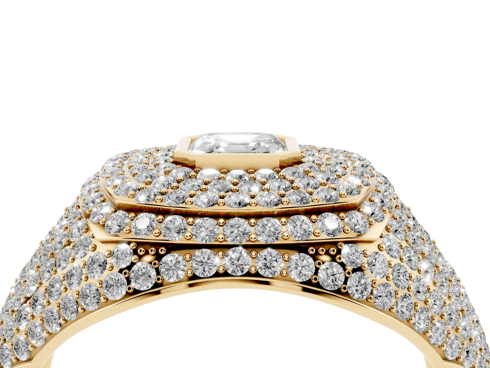 Asscher Cut Diamond Bezel Set Pavé Dome Mens Ring Yellow gold