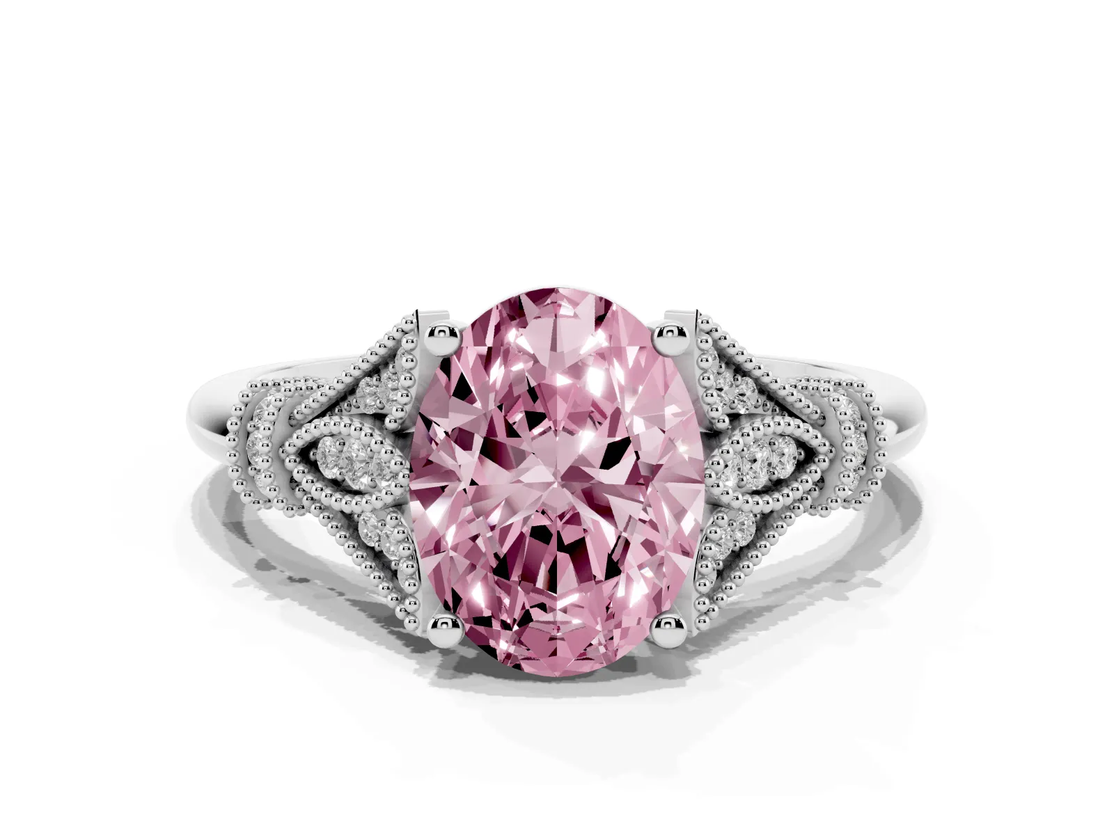 Fancy Pink Oval Cut Diamond Solitaire Ring with Floral Filigree and Pave Accents White gold