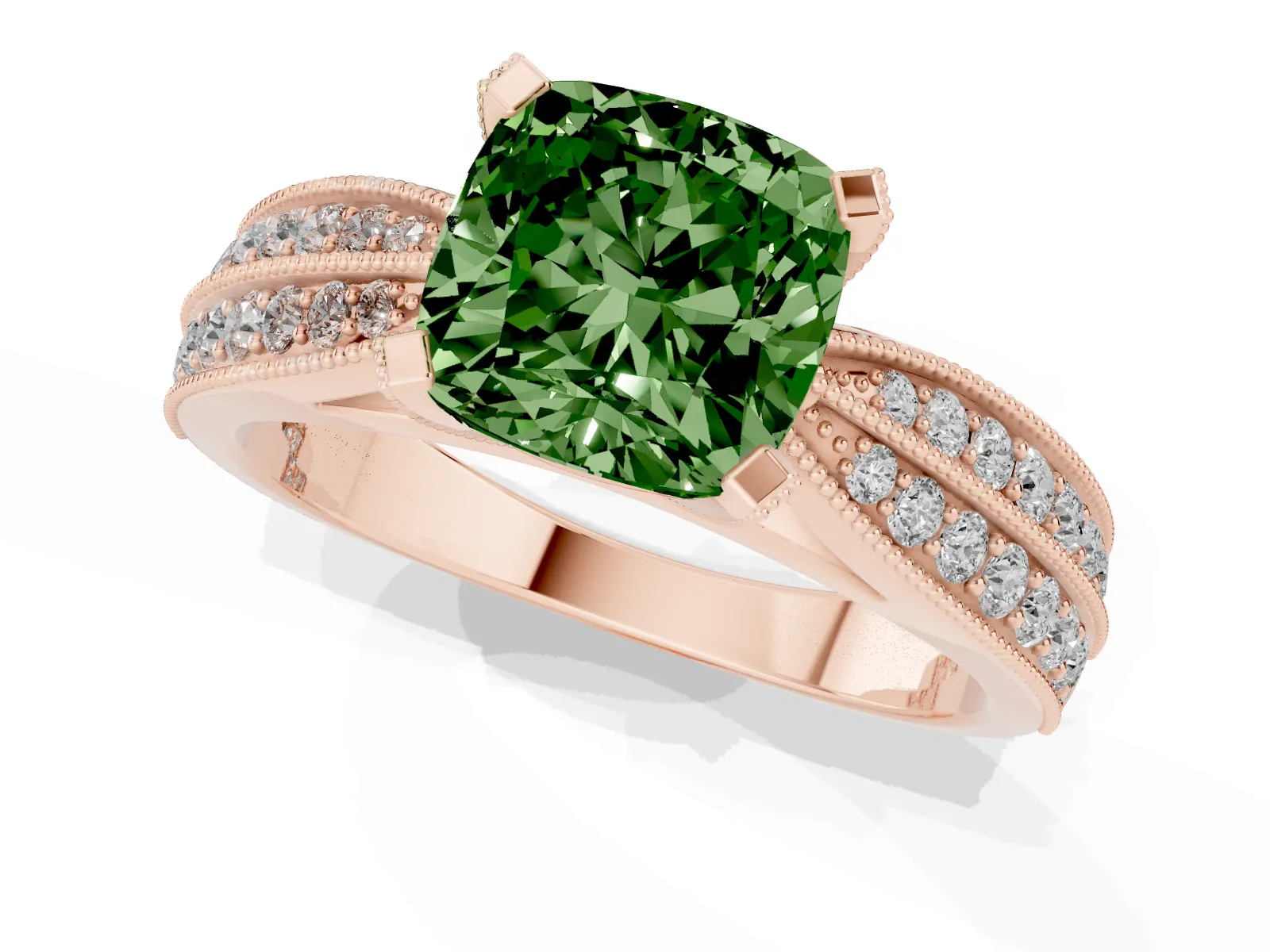 Fancy Green Cushion Cut Diamond Solitaire Ring with Milgrain Round Pavé Band and Prong Setting Rose gold
