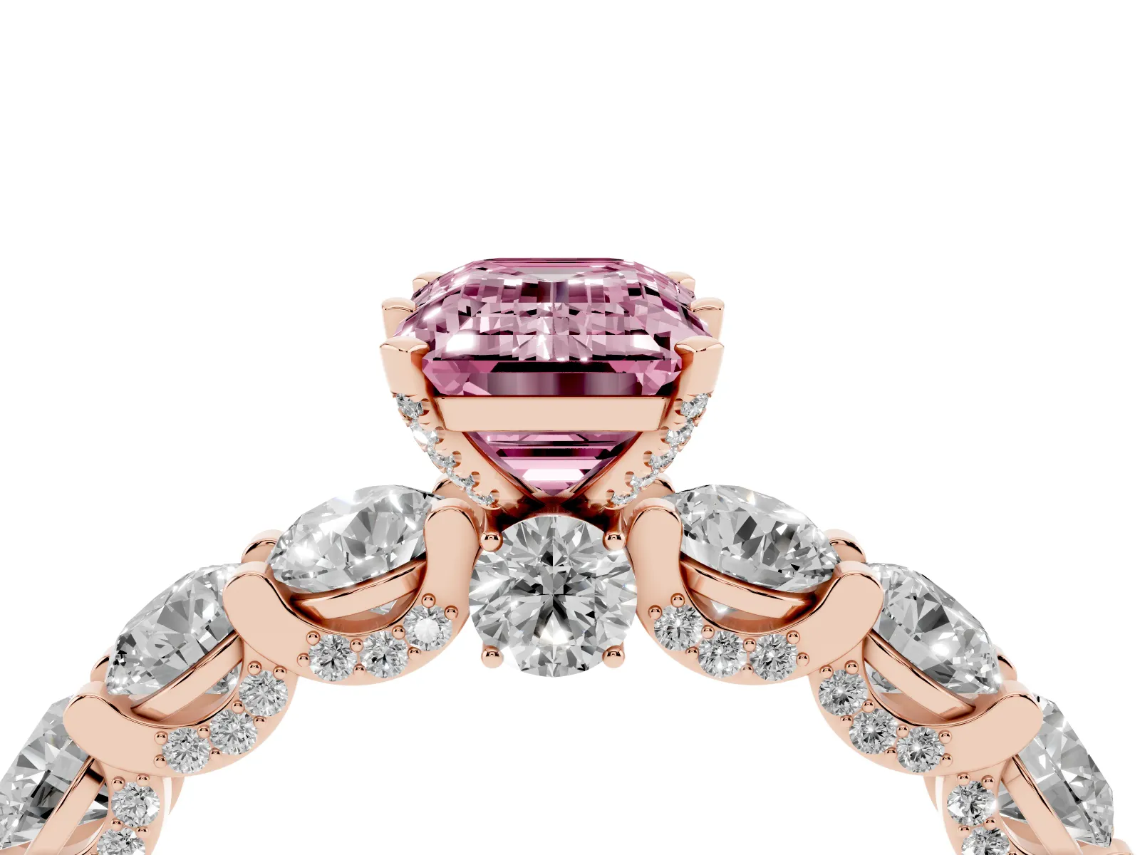 Fancy Pink Emerald Cut Diamond Side Stone Engagement Ring with Four-Prong Setting Rose gold