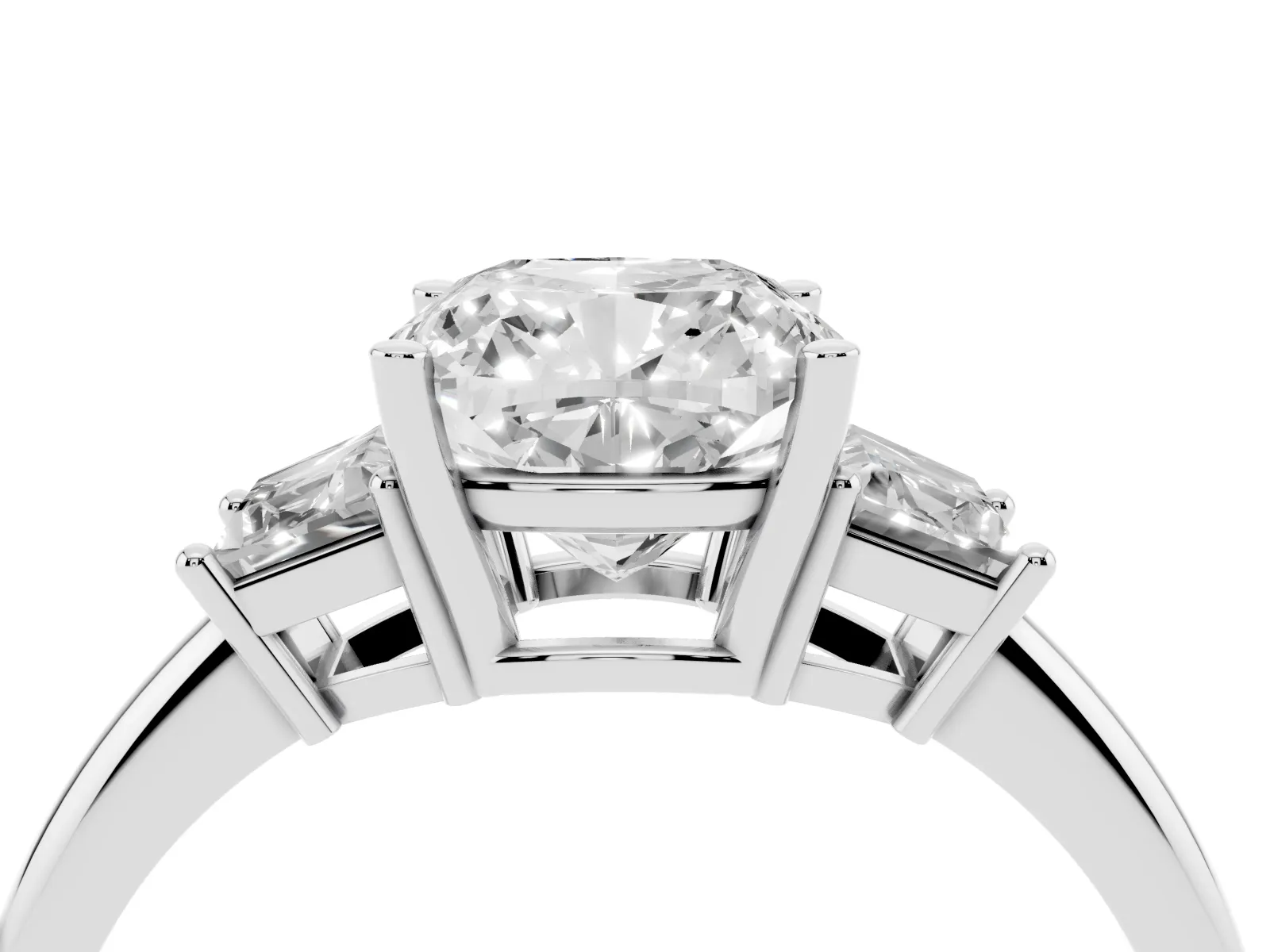 Cushion Cut Diamond Three-Stone Ring with Trapezoid Side Stones and Prong Setting Platinum