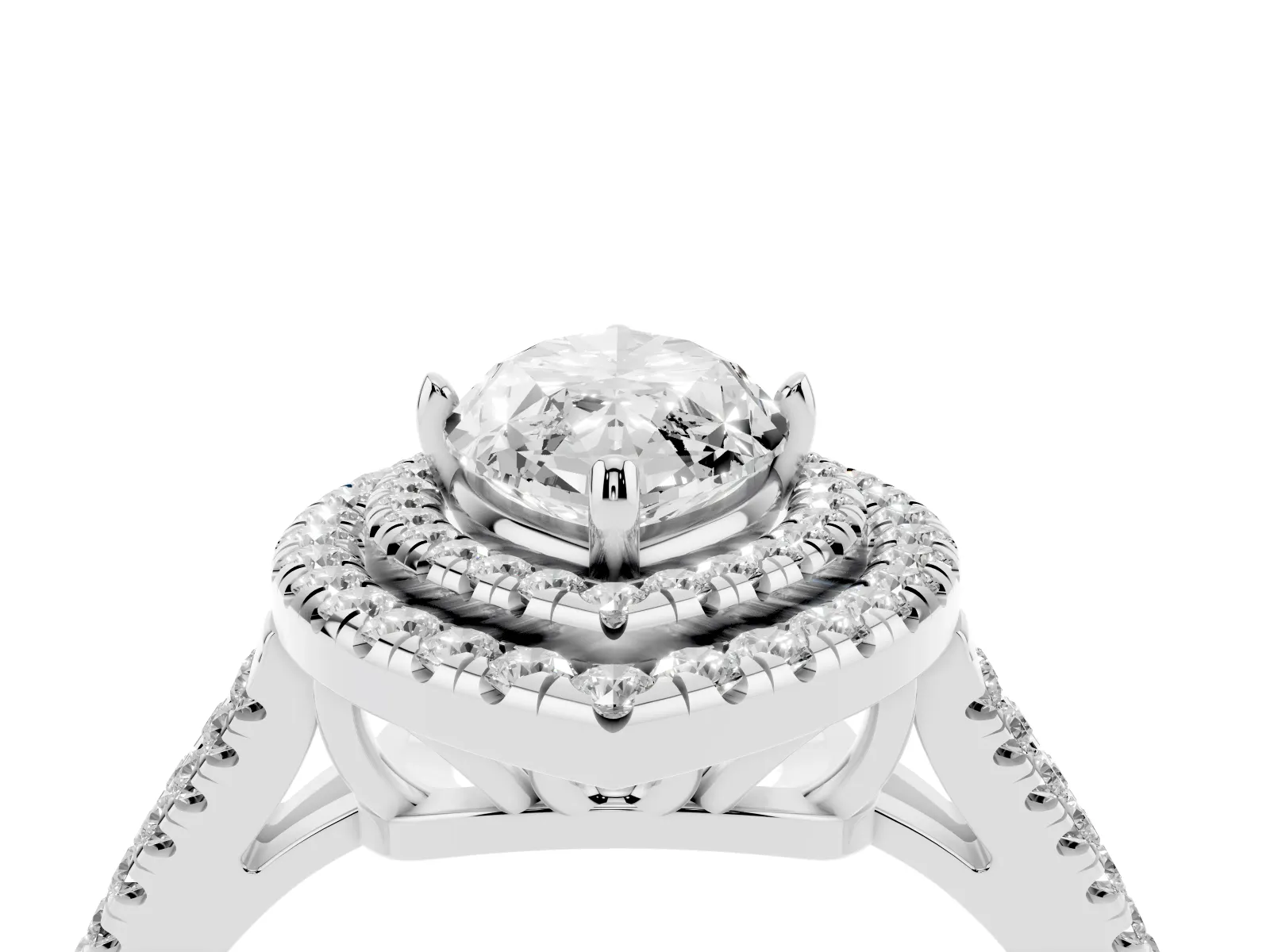 Marquise Cut Diamond Double Halo Ring with Pavé Band and Prong Setting Platinum