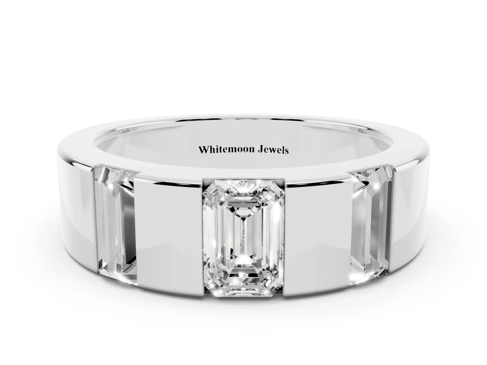 Emerald Cut Diamond Three-Stone Mens Ring with Baguette Side Stones White gold
