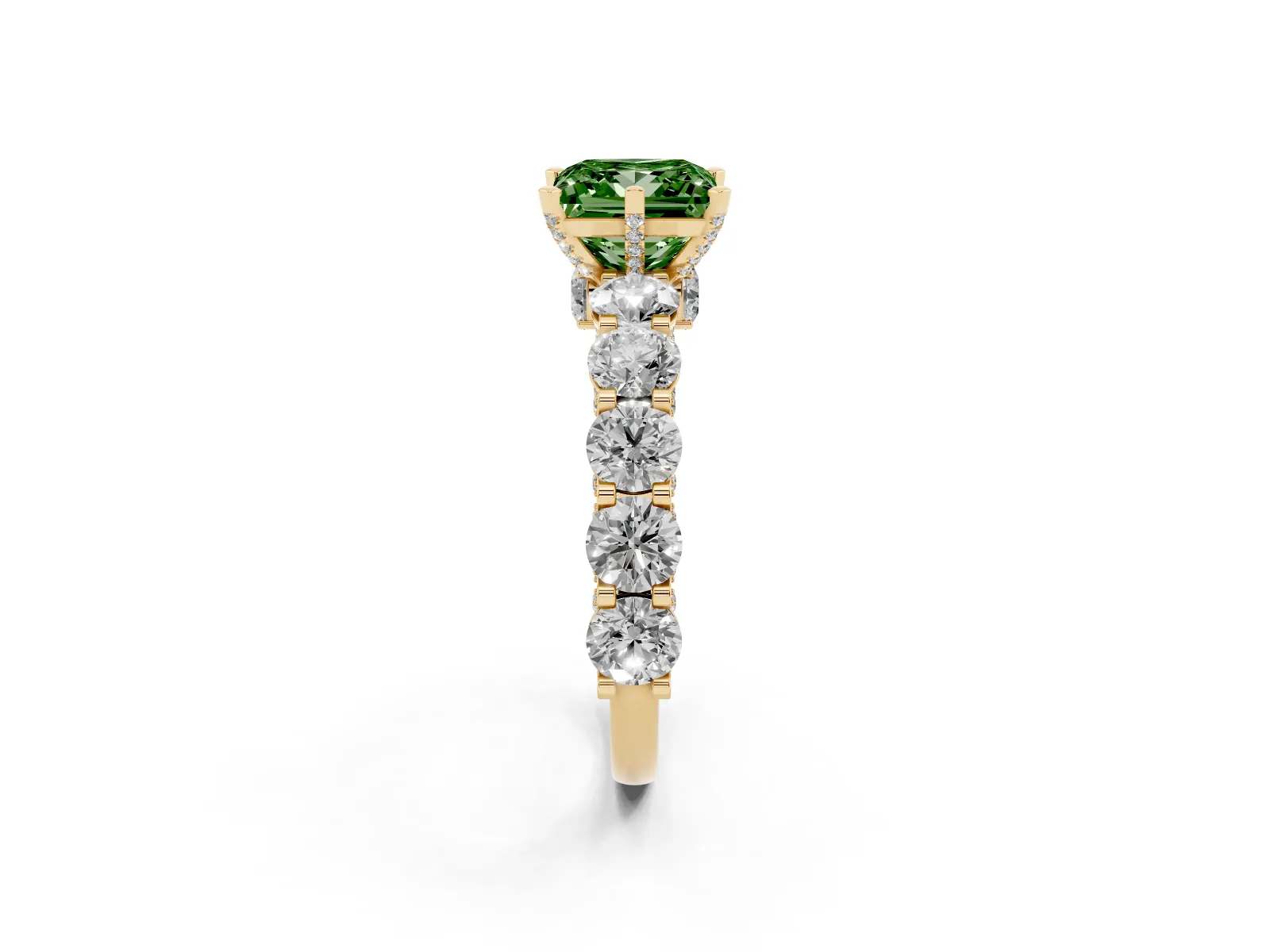 Fancy Green Princess Cut Diamond Side Stone Engagement Ring with Four-Prong Setting Yellow gold