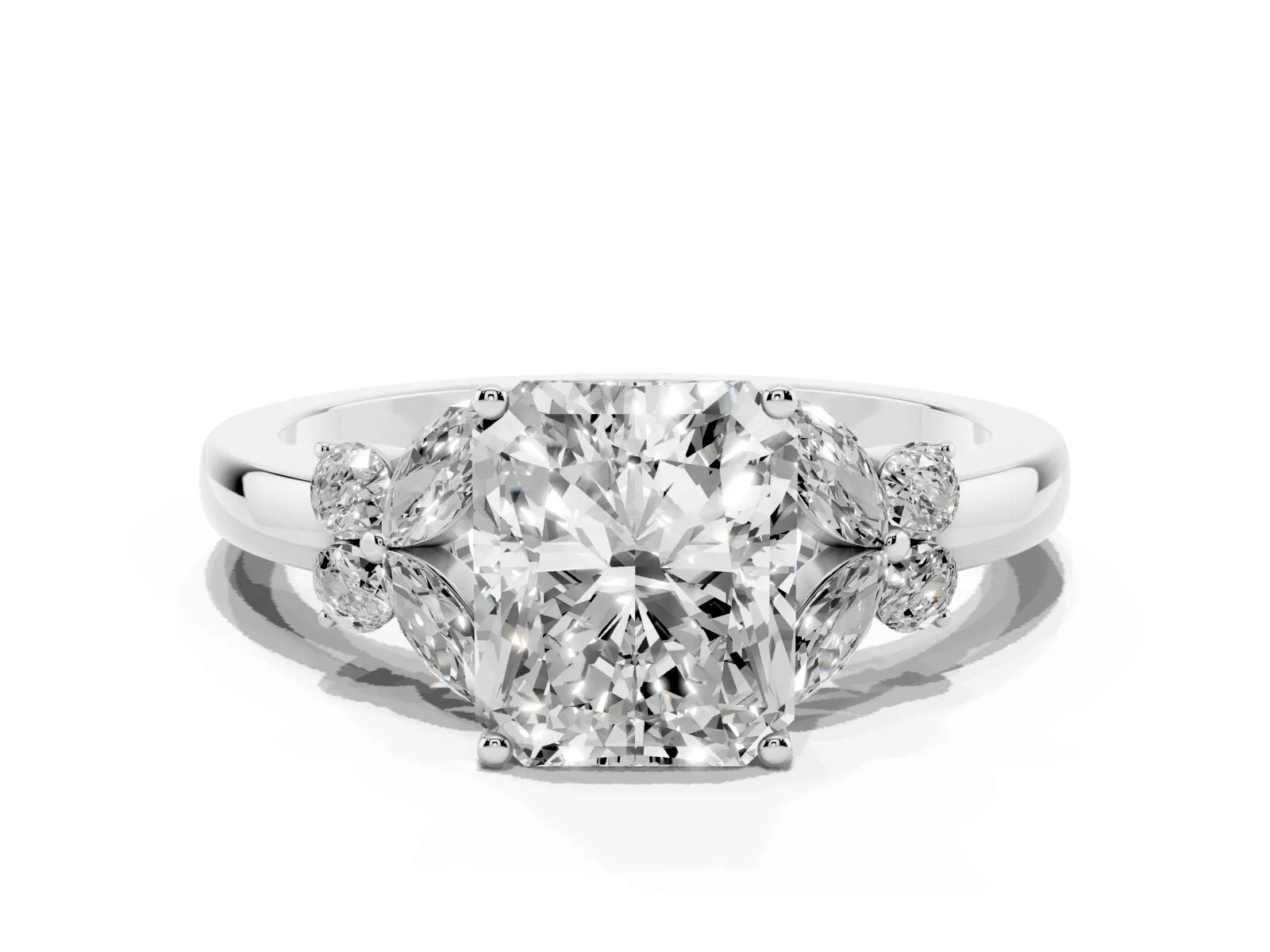 Radiant Cut Cut Solitaire Floral Diamond Ring with Four-Prong Setting Platinum