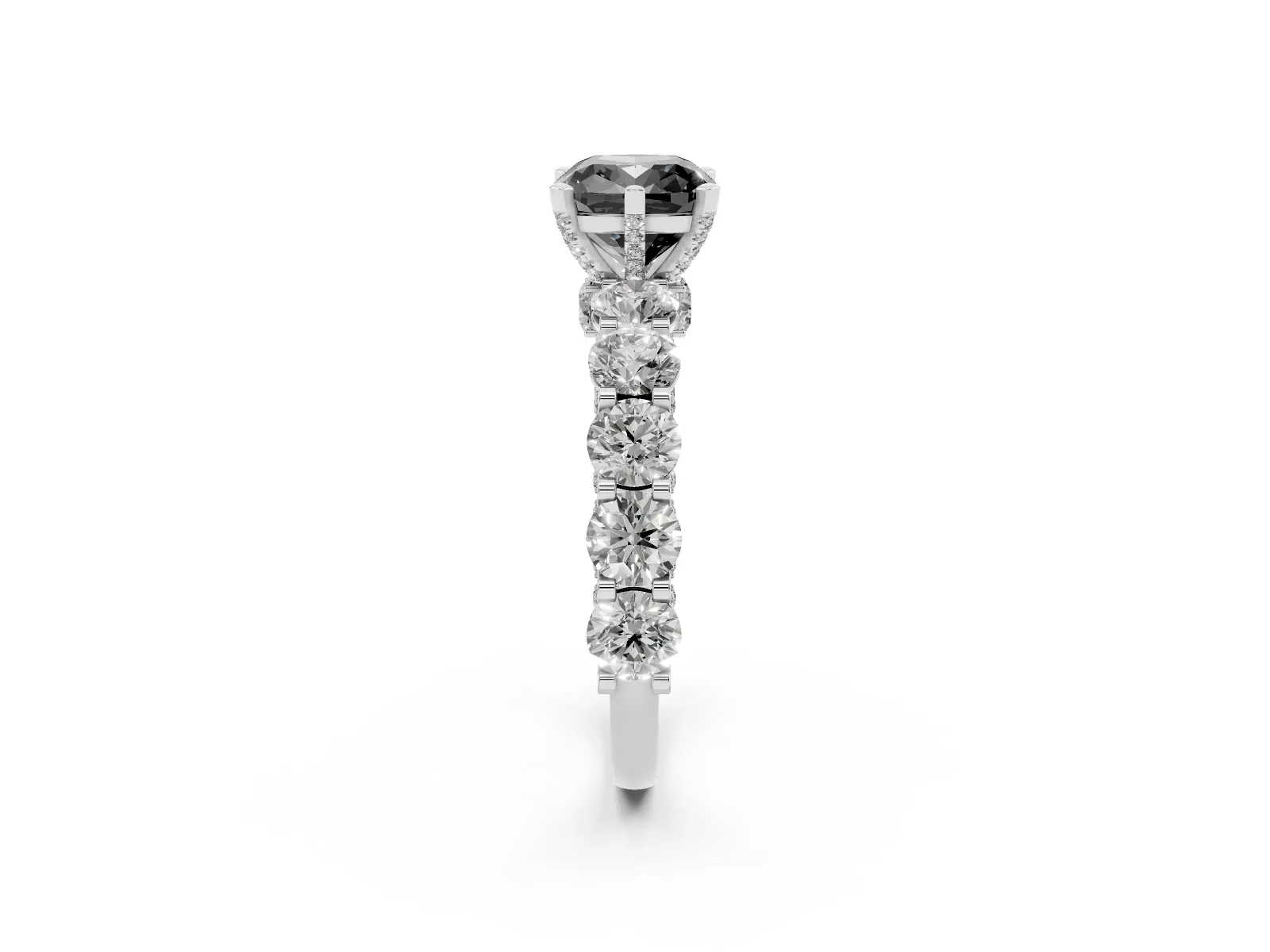 Fancy Black Cushion Cut Diamond Side Stone Engagement Ring with Four-Prong Setting Platinum