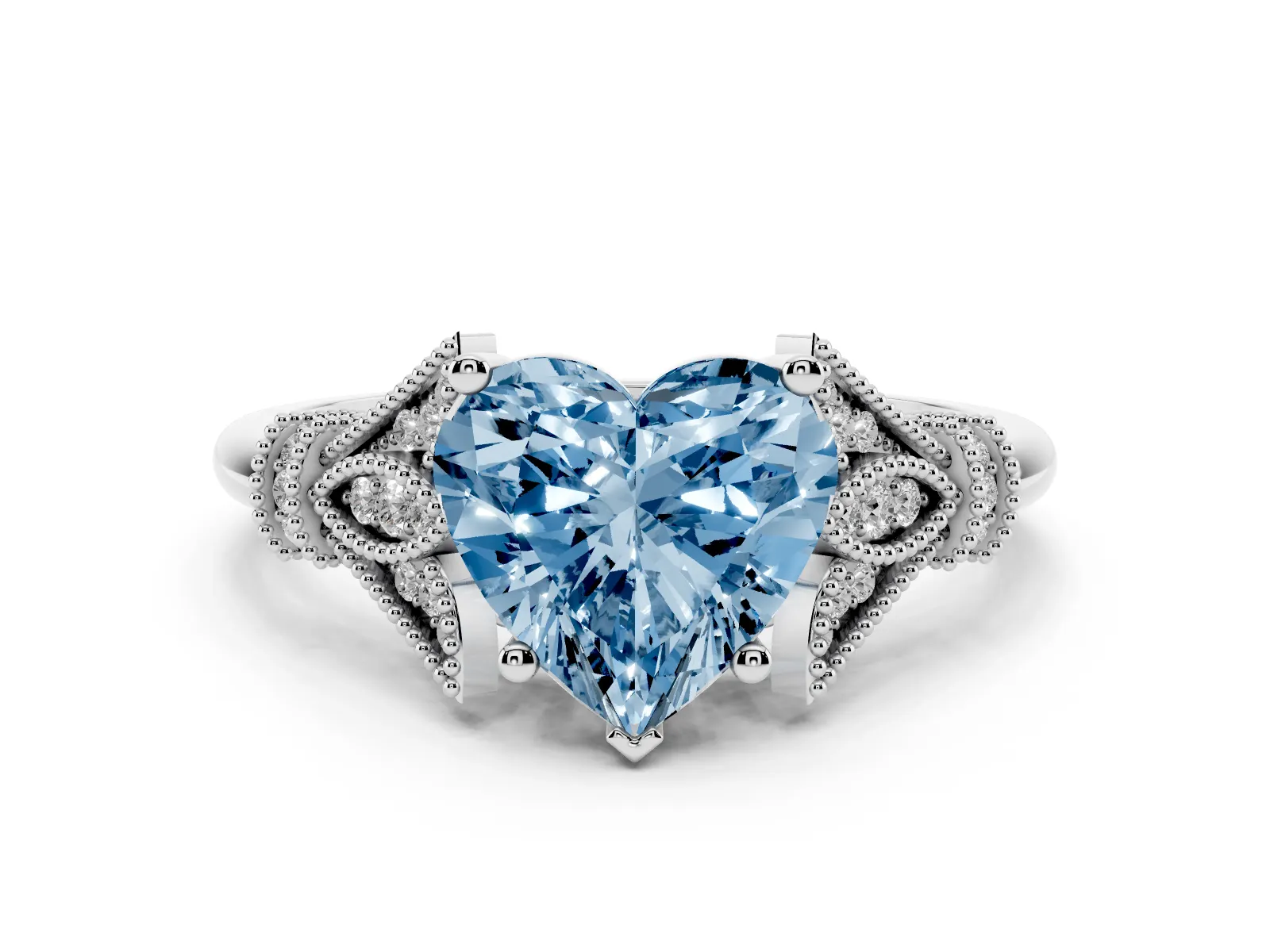 Fancy Blue Heart Cut Diamond Solitaire Ring with Floral Filigree and Pave Accents Platinum