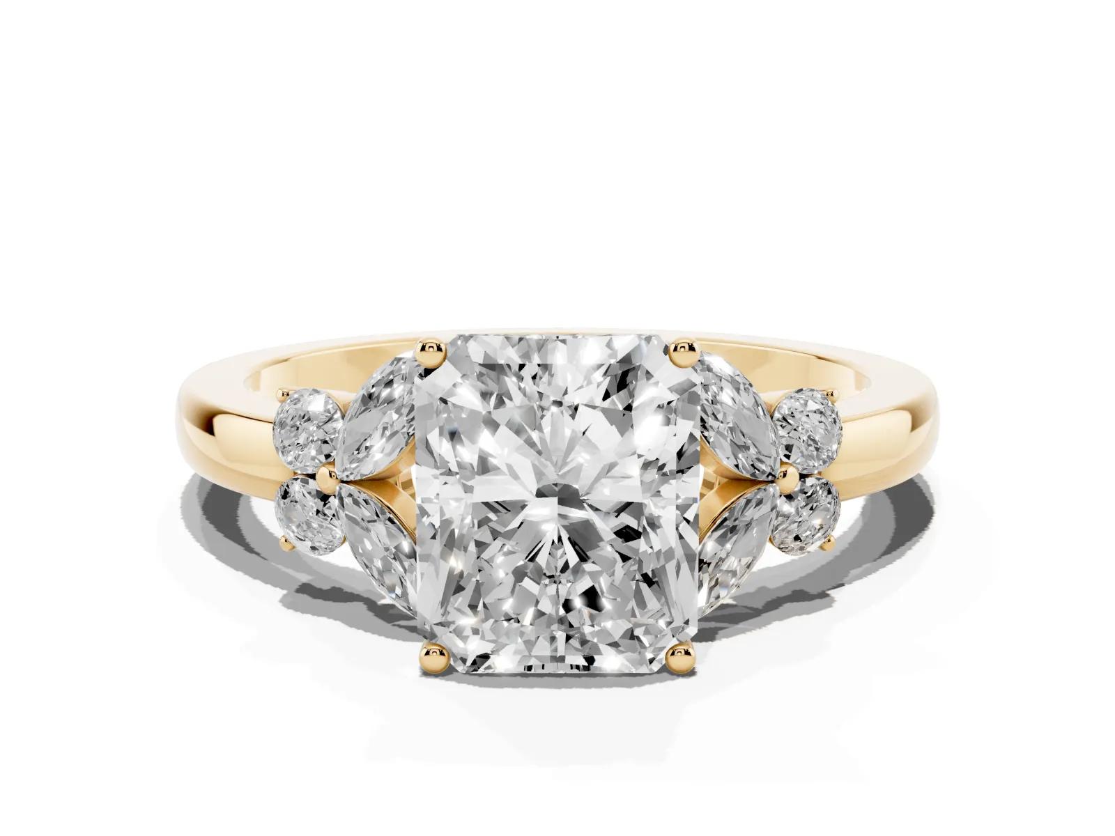 Radiant Cut Cut Solitaire Floral Diamond Ring with Four-Prong Setting Yellow gold