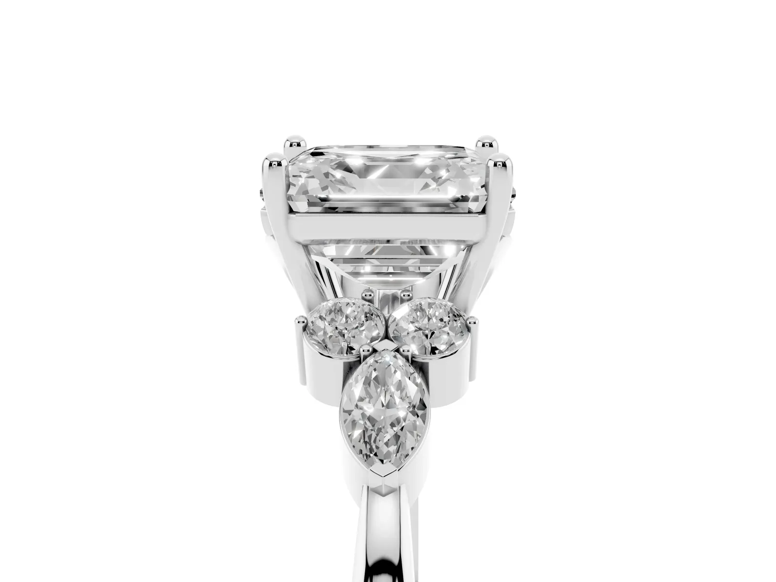 Asscher Cut Brilliant Diamond Solitaire Ring with Pear Side Stones and Four-Prong Setting Platinum