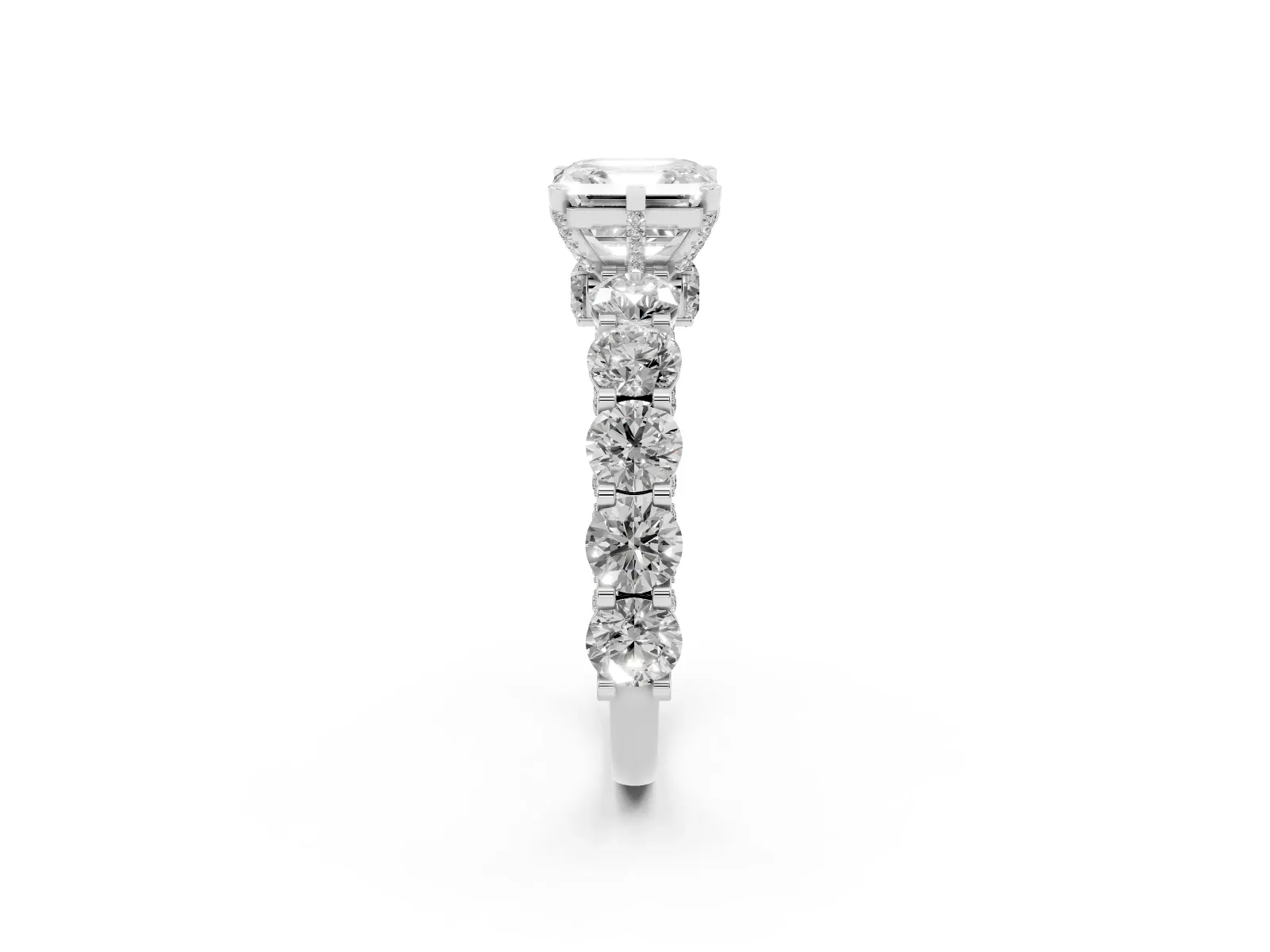 Asscher Cut Diamond Side Stone Engagement Ring with Four-Prong Setting Silver