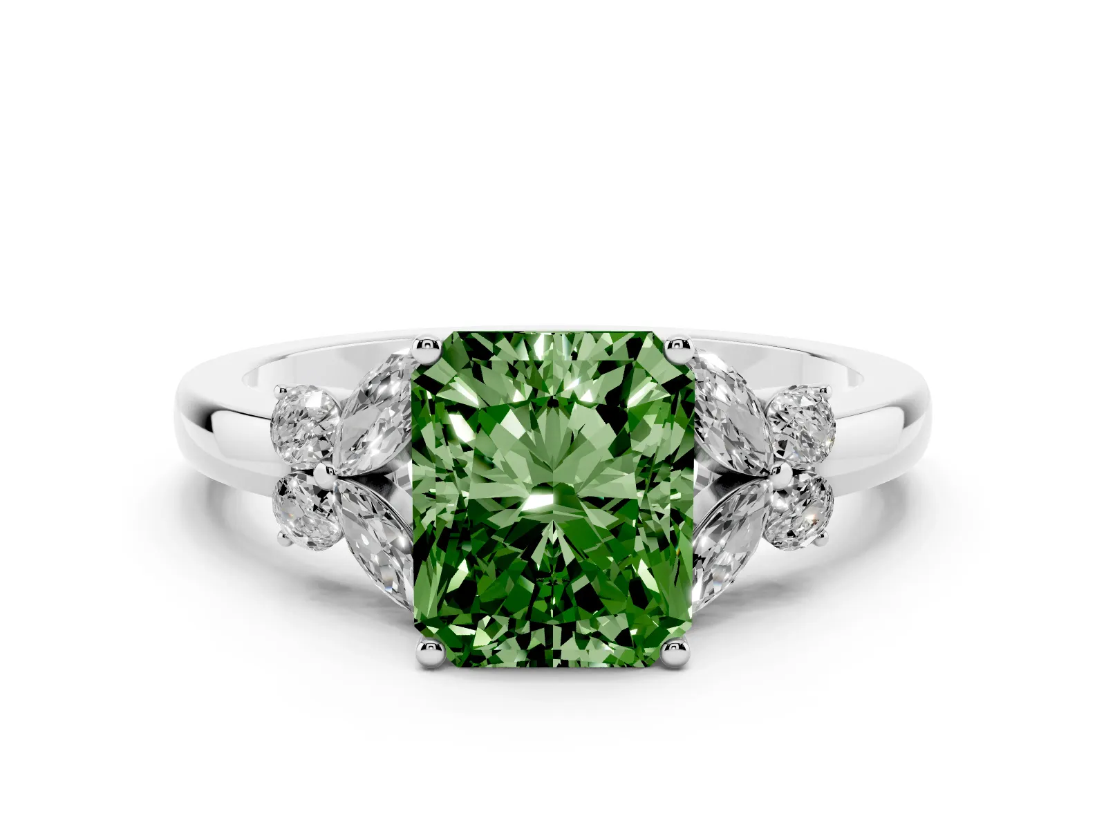Fancy Green Radiant Cut Cut Solitaire Floral Diamond Ring with Four-Prong Setting Platinum