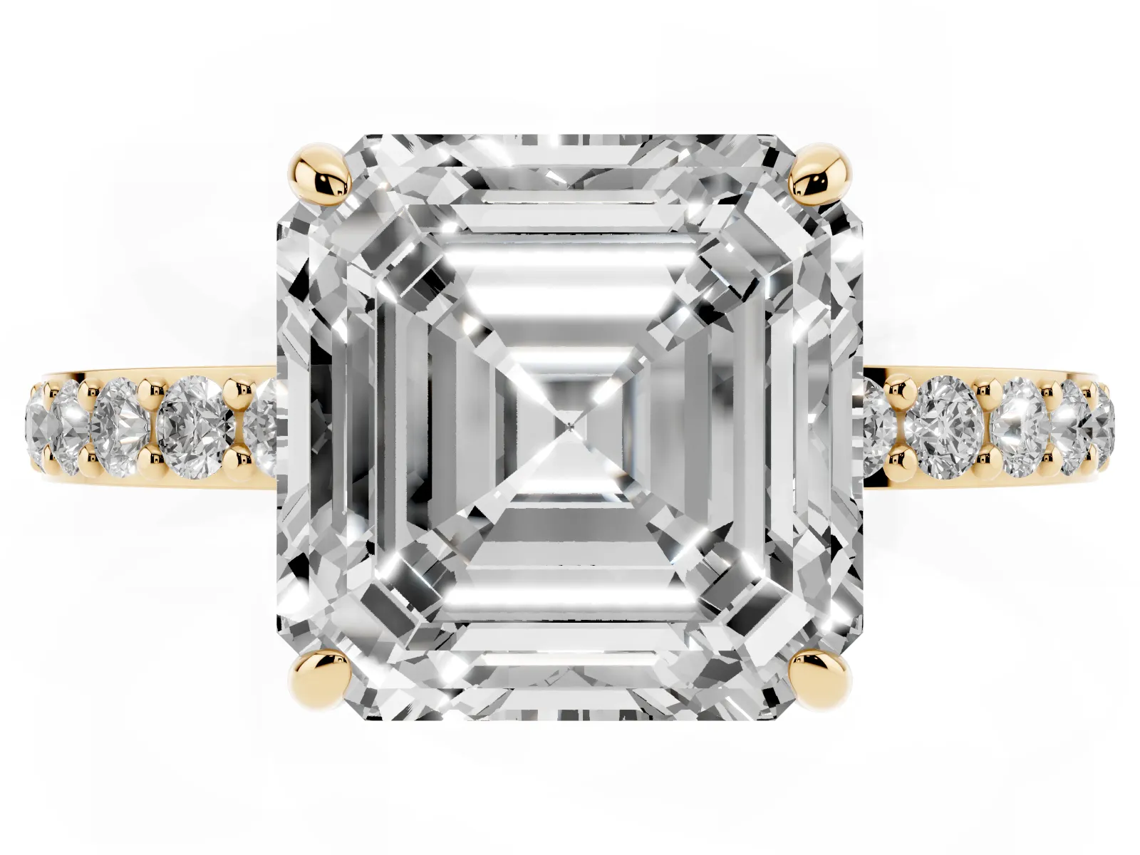 Asscher Cut Diamond Solitaire Engagement Ring with Pavé Band and Four-Prong Setting Yellow gold