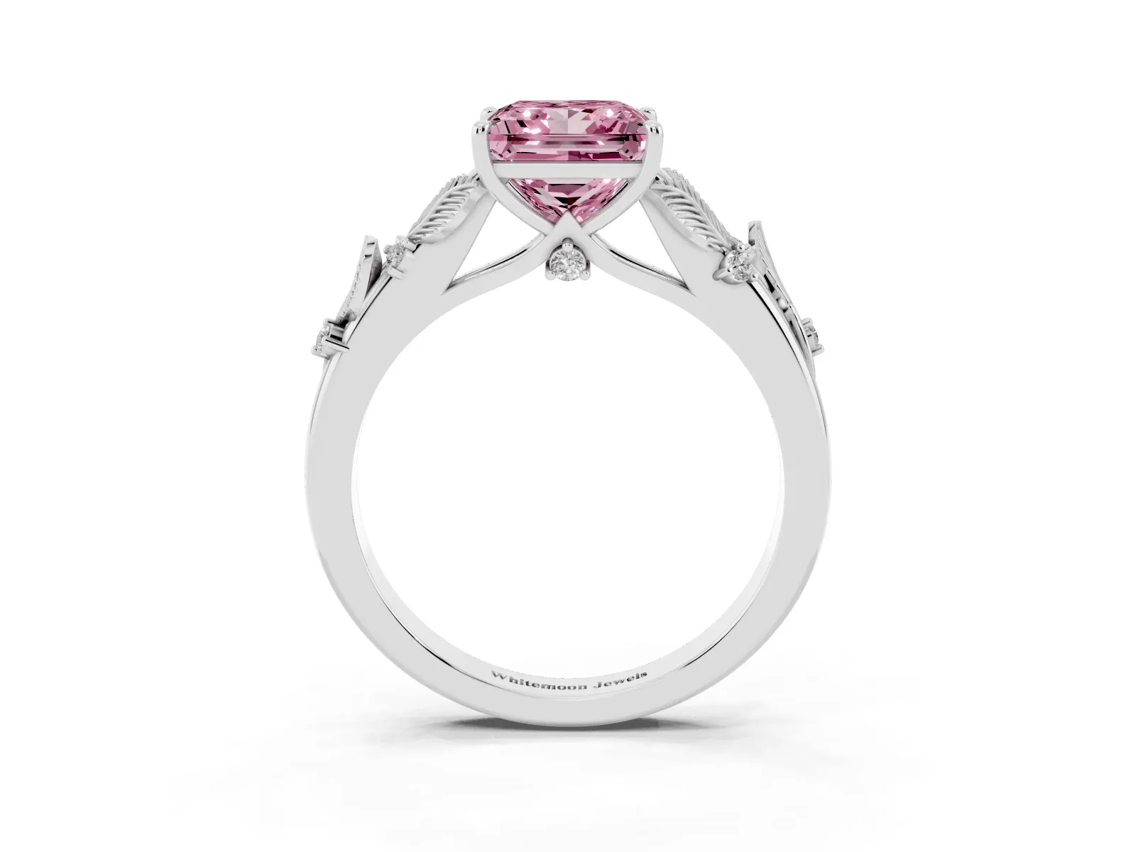 Fancy Pink Princess Cut Diamond Solitaire Ring with Leaf Motif Band and Four-Prong Setting Platinum