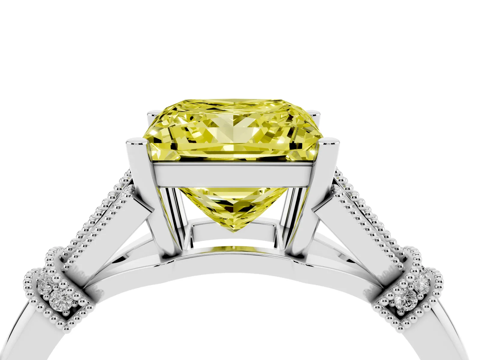 Fancy Yellow Princess Cut Diamond Solitaire Ring with Floral Filigree and Pave Accents Platinum