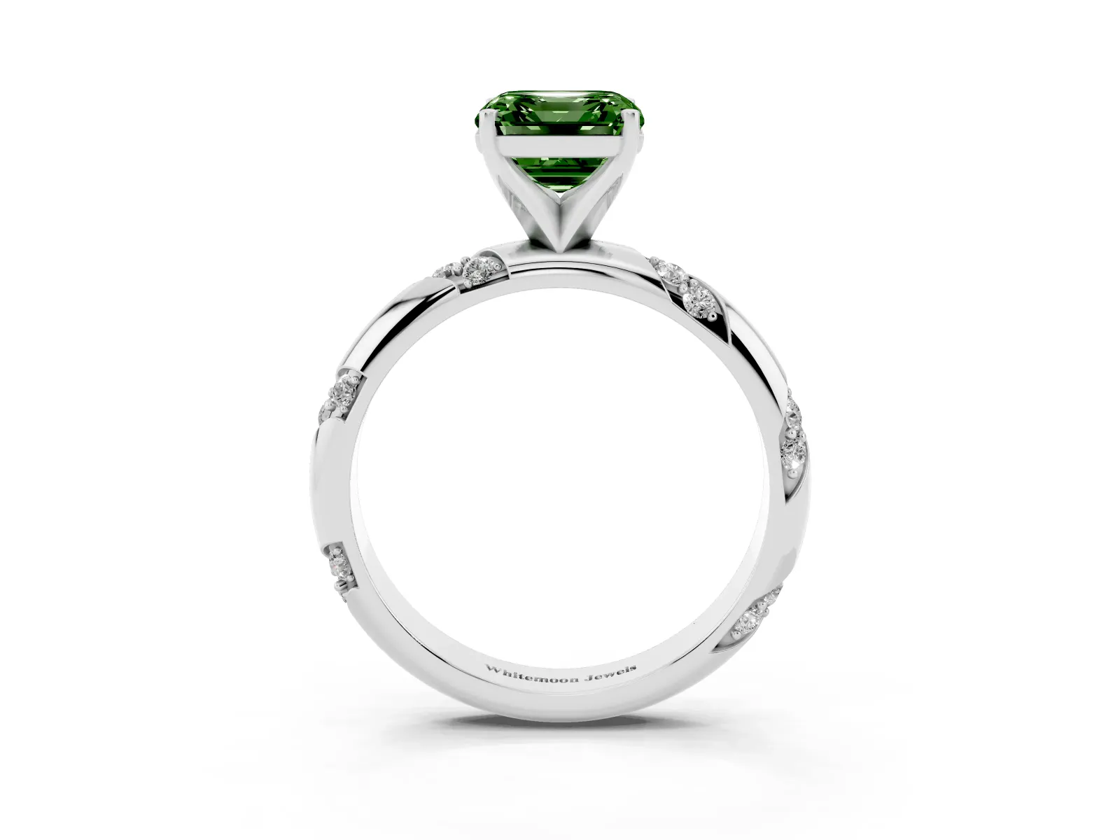 Fancy Green Asscher Cut Diamond Solitaire Engagement Ring with Twisted Round Accent Band and Prong Setting Platinum