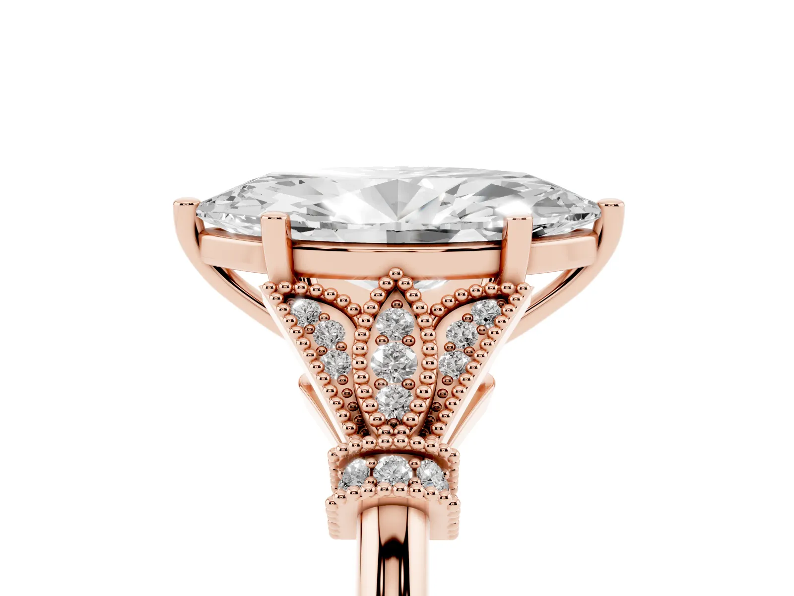Marquise Cut Diamond Solitaire Ring with Floral Filigree and Pave Accents Rose gold