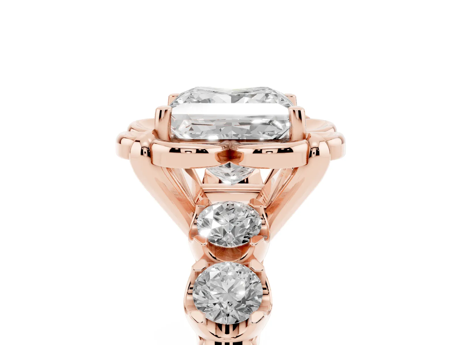 Princess Cut Cut Diamond Floral Halo Engagement Ring with Shared Prong Setting Rose gold