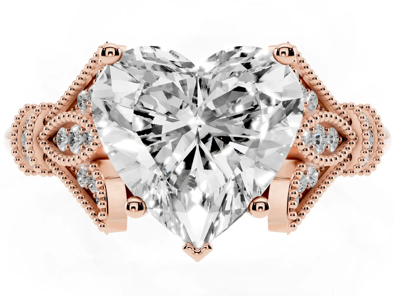 Heart Cut Diamond Solitaire Ring with Floral Filigree and Pave Accents Rose gold