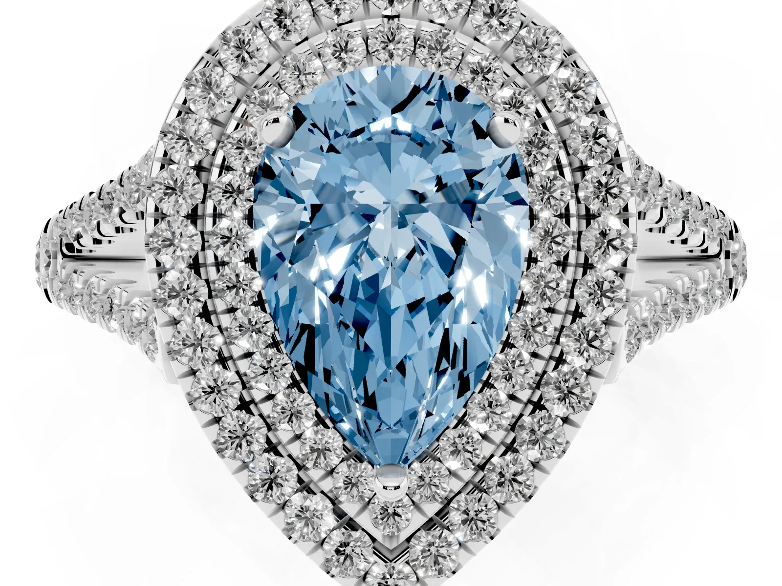 Fancy Blue Pear Cut Diamond Double Halo Ring with Pavé Band and Prong Setting Platinum